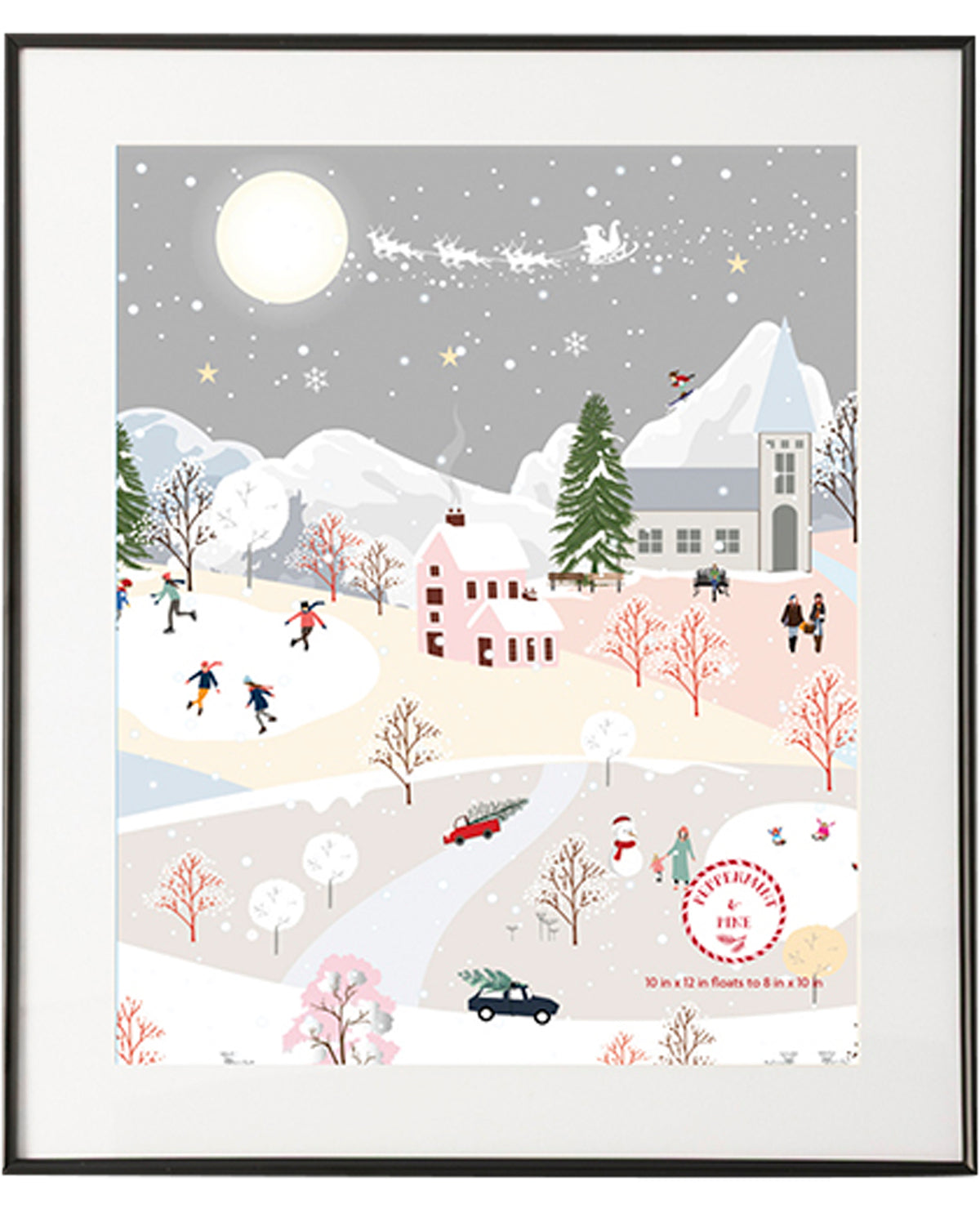 Framed artwork of a winter scene with snow-covered landscape, trees, and buildings.