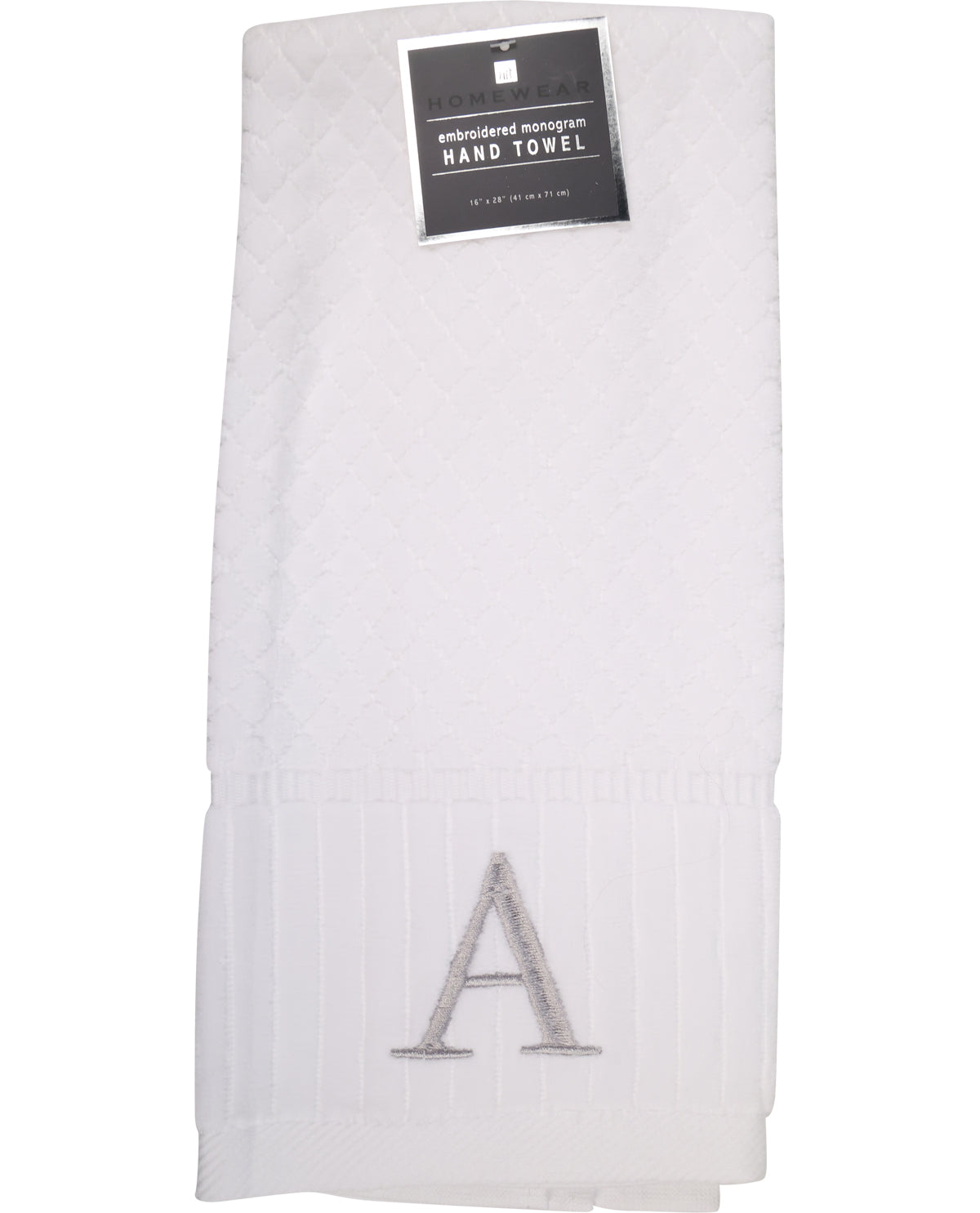 White hand towel with silver letter 'A' embroidery and a label on a white background