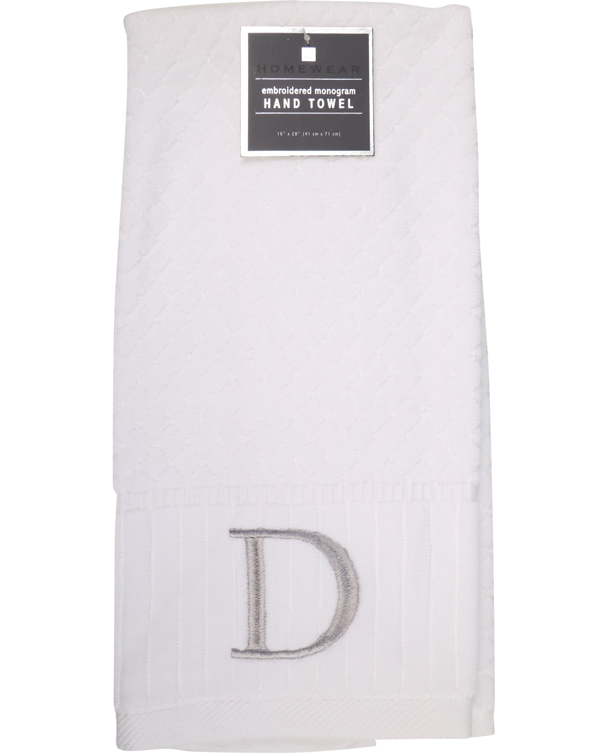 White hand towel with embroidered letter 'D' on a white background