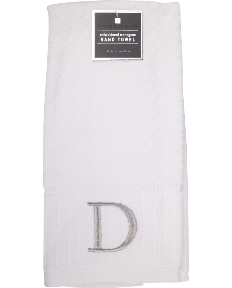White hand towel with embroidered letter 'D' on a white background