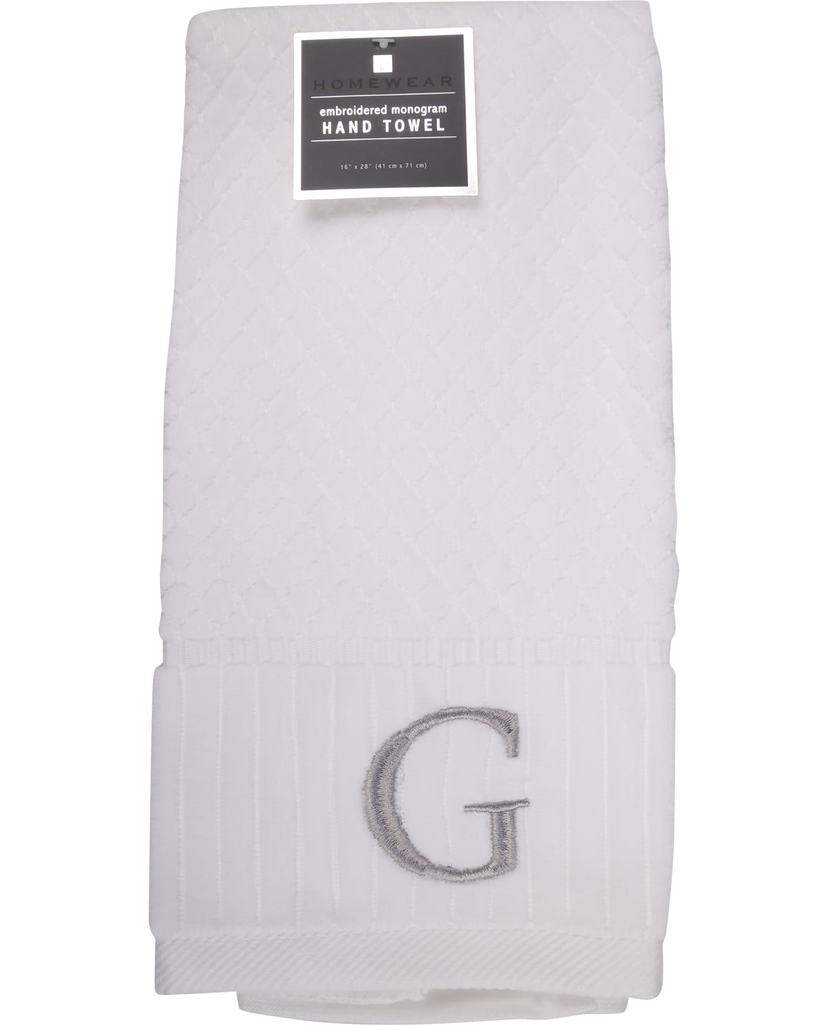 White hand towel with gray embroidered letter 'G' on a white background