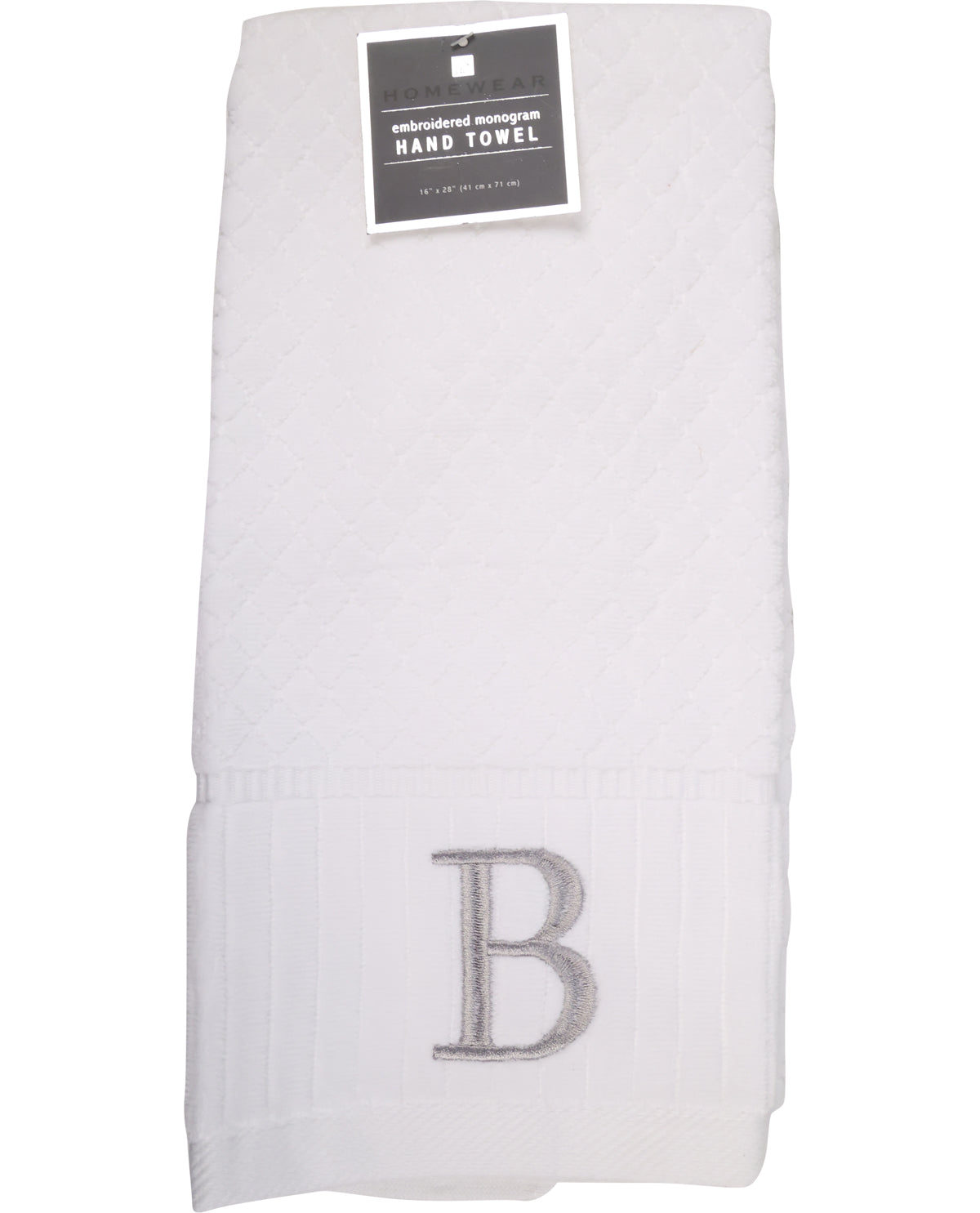 White hand towel with letter 'B' embroidery and a label on a white background