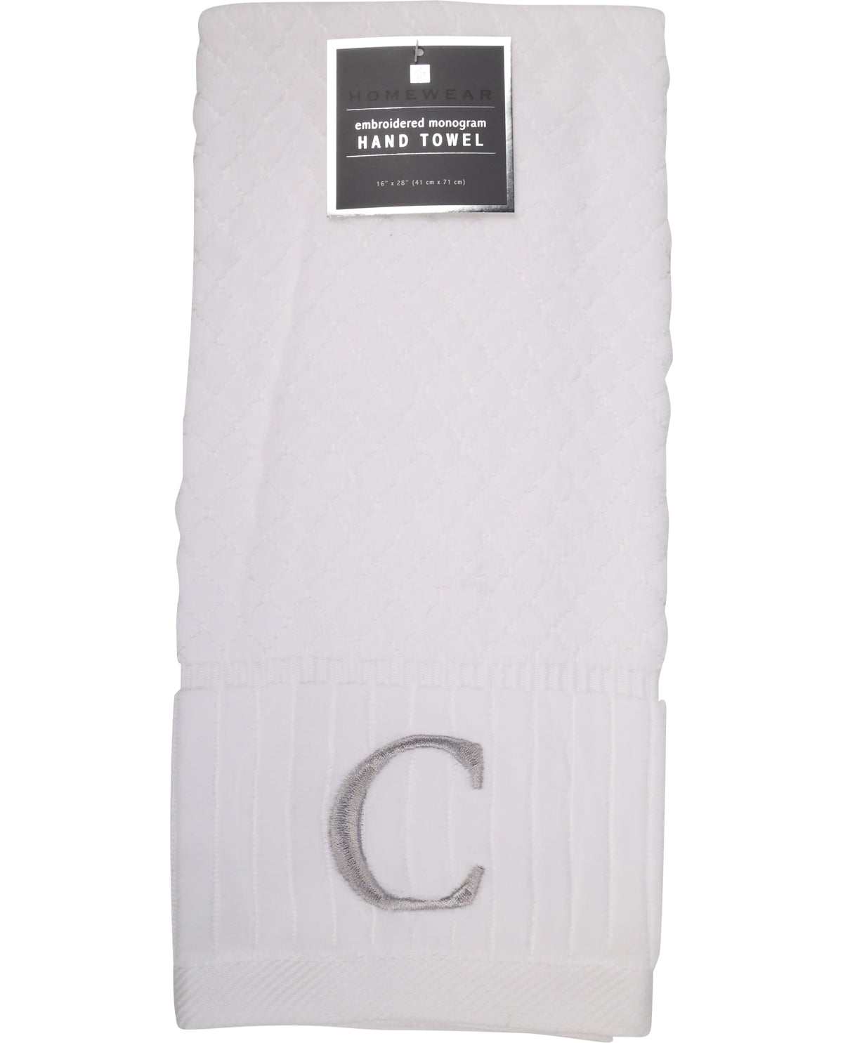 White hand towel with letter 'C' embroidery on a white background