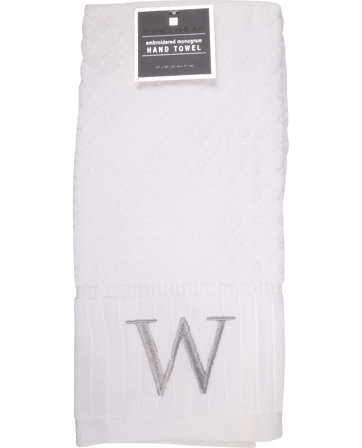 White hand towel with 'W' embroidery and a label on a white background