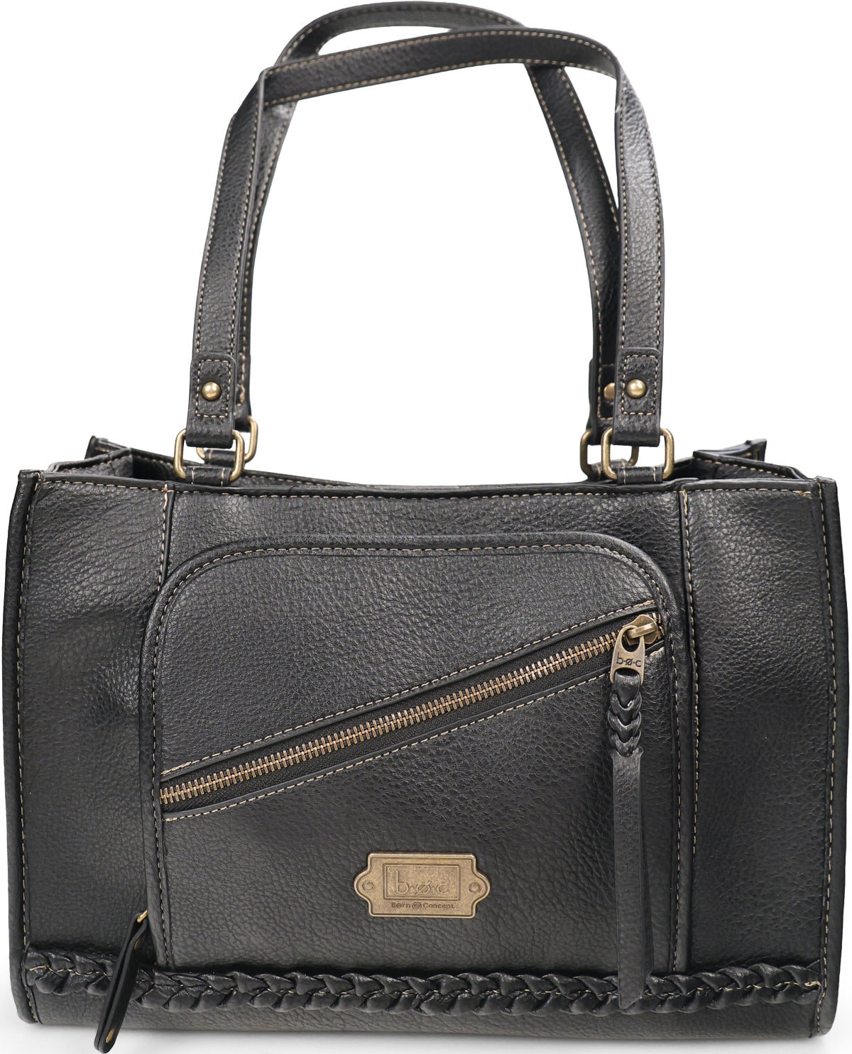 A black pebbled leather handbag with dual top handles, a diagonal zippered front pocket, braided trim along the bottom, and a small gold-tone brand plaque on the front.