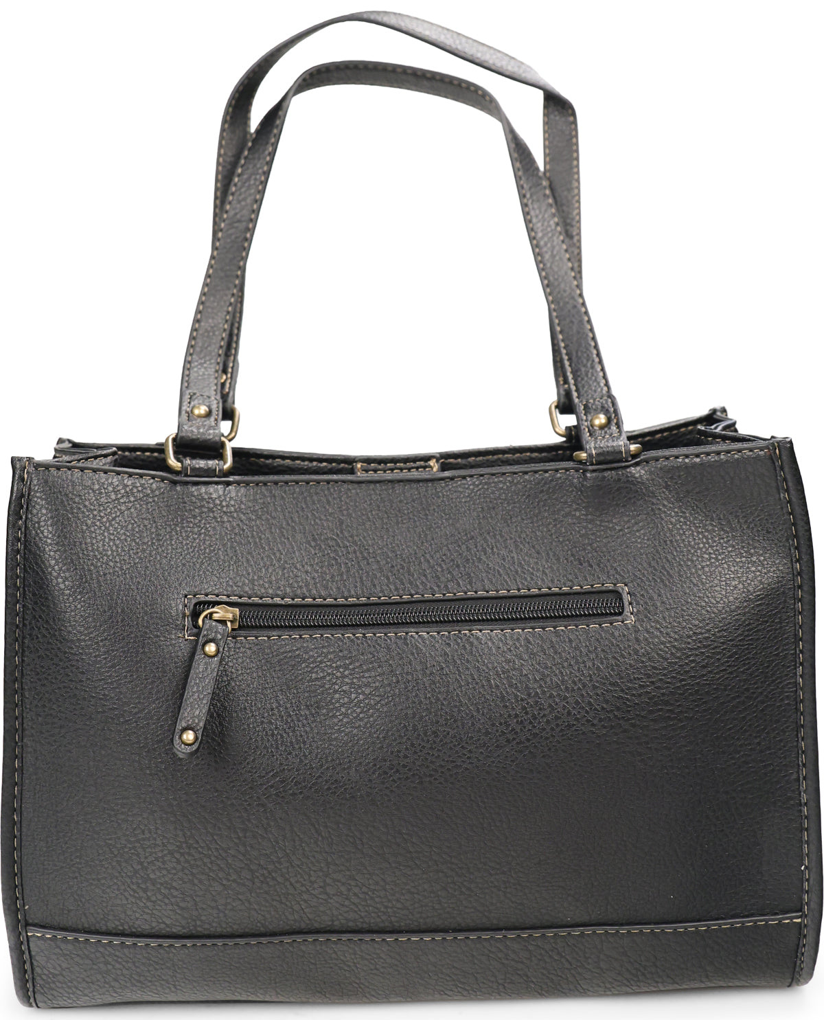 A black pebbled faux-leather handbag with dual top handles, a front zippered pocket, and gold-tone hardware, shown against a plain white background.