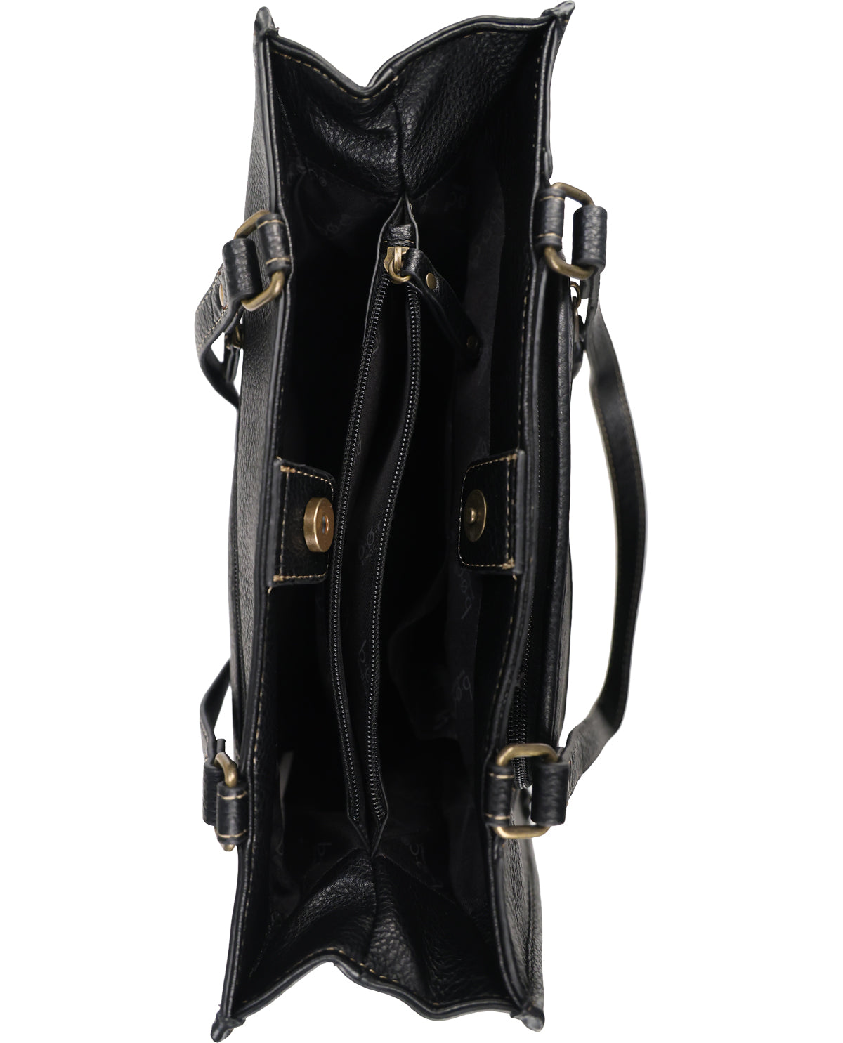 Black leather tote bag shown from a top-down view, featuring a spacious interior with multiple zippered compartments, brass-tone hardware, and a shoulder strap, set against a plain white background.