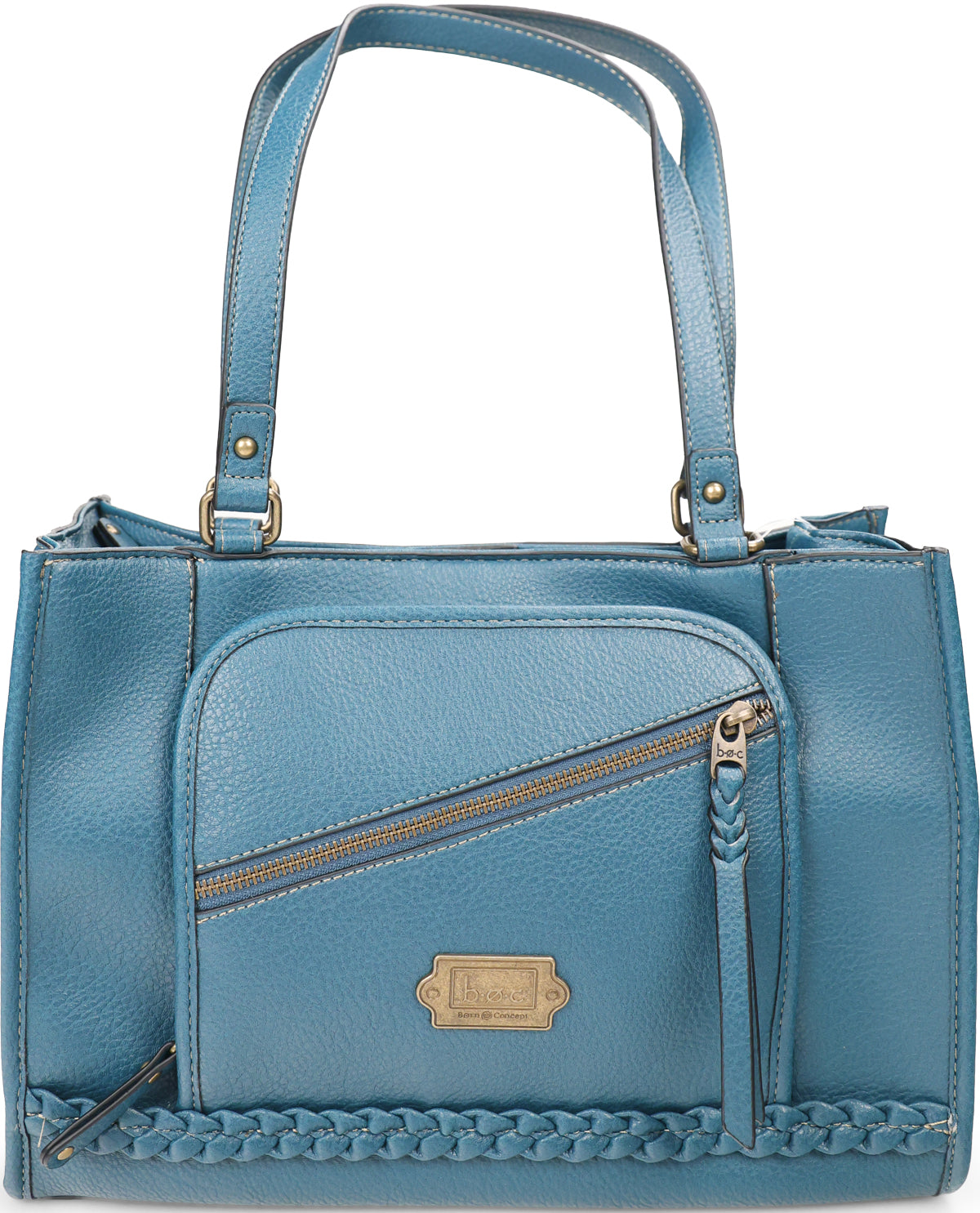 A light blue pebbled leather handbag with dual top handles, a diagonal zippered front pocket, a braided trim detail along the bottom, and a gold-tone metal logo plate.