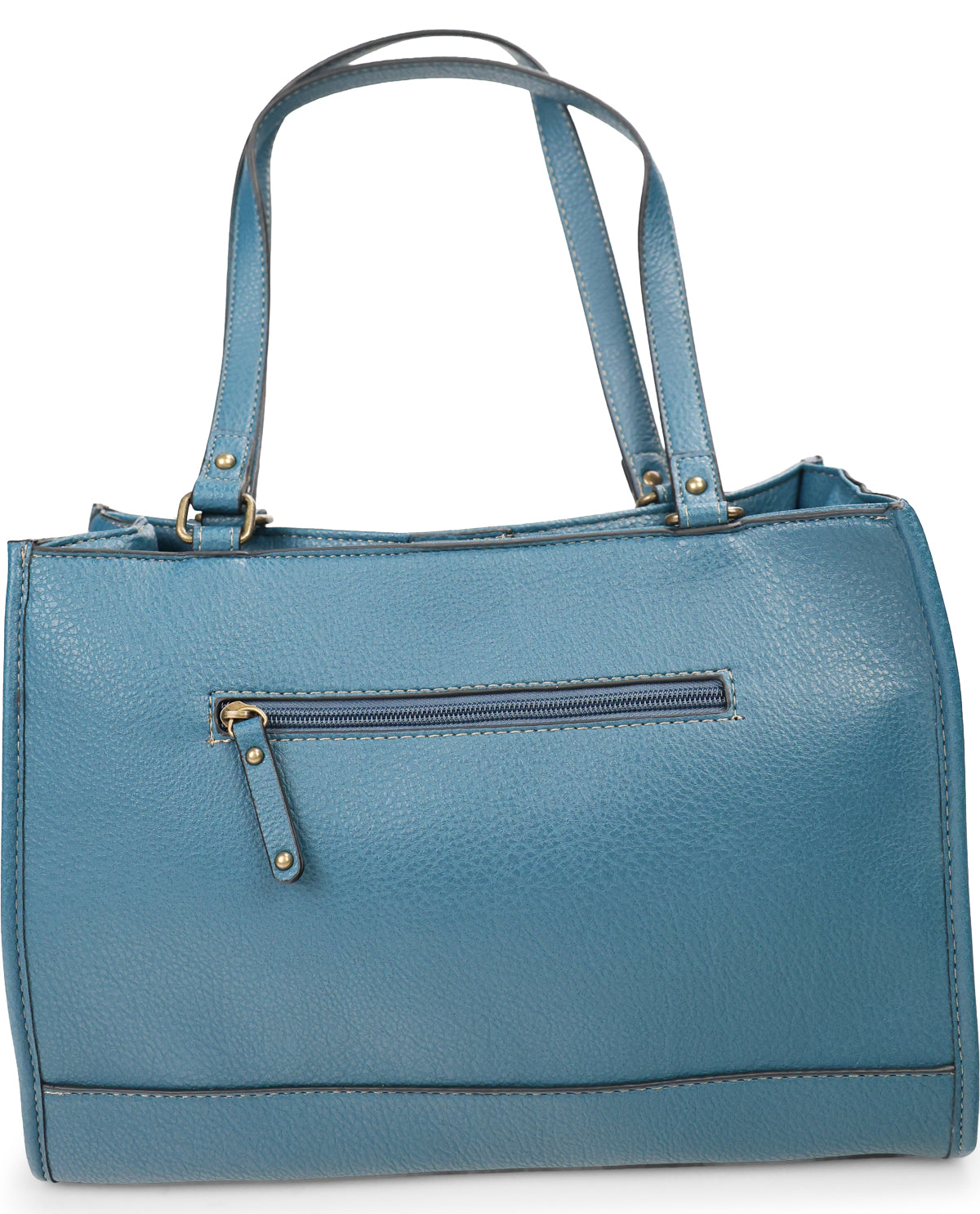 A medium blue pebbled leather handbag with double top handles, a front zippered pocket, and gold-tone hardware, shown against a plain white background.