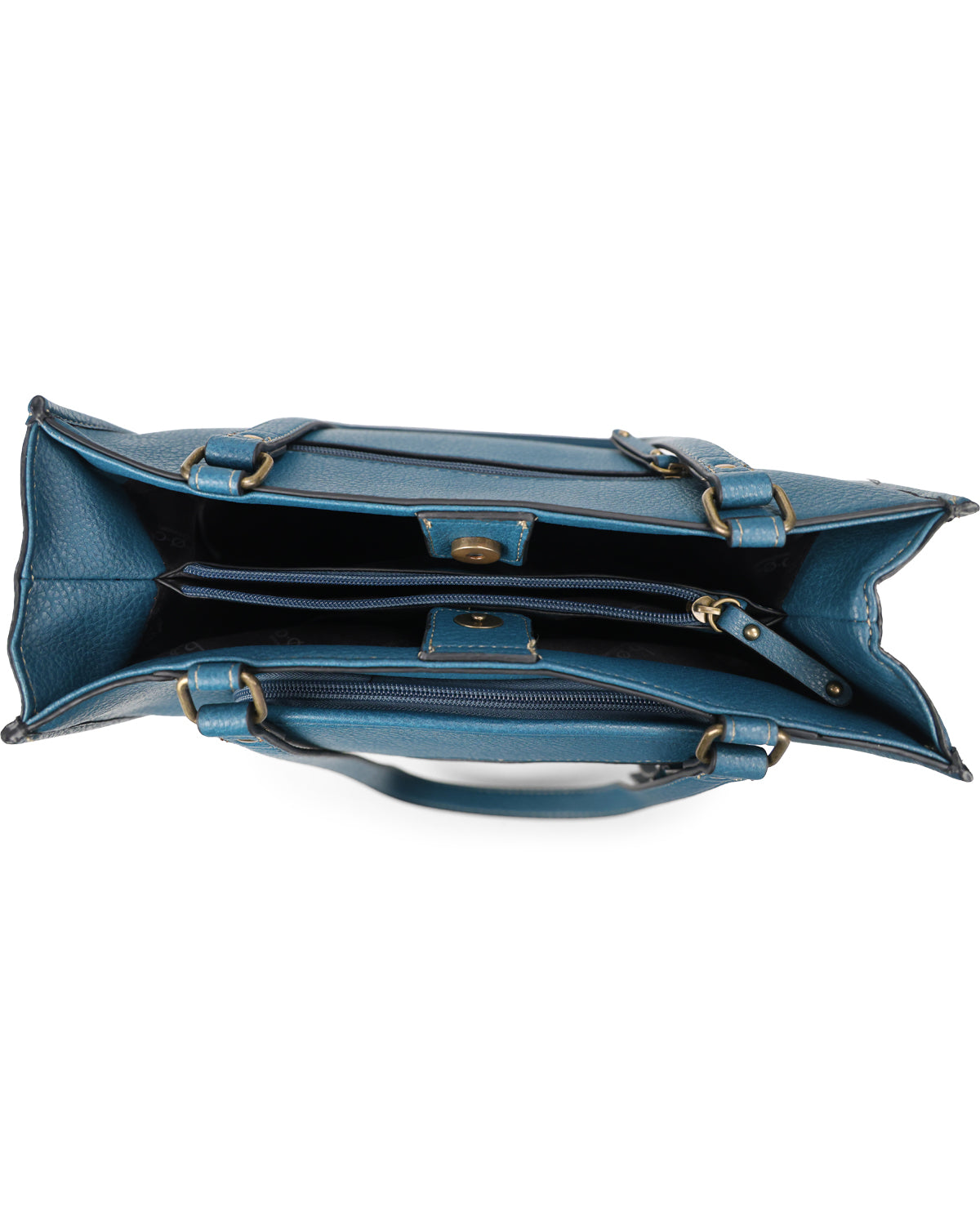 Top-down view of a blue leather handbag showing its interior compartments, zippered pockets, and gold-tone hardware against a white background.