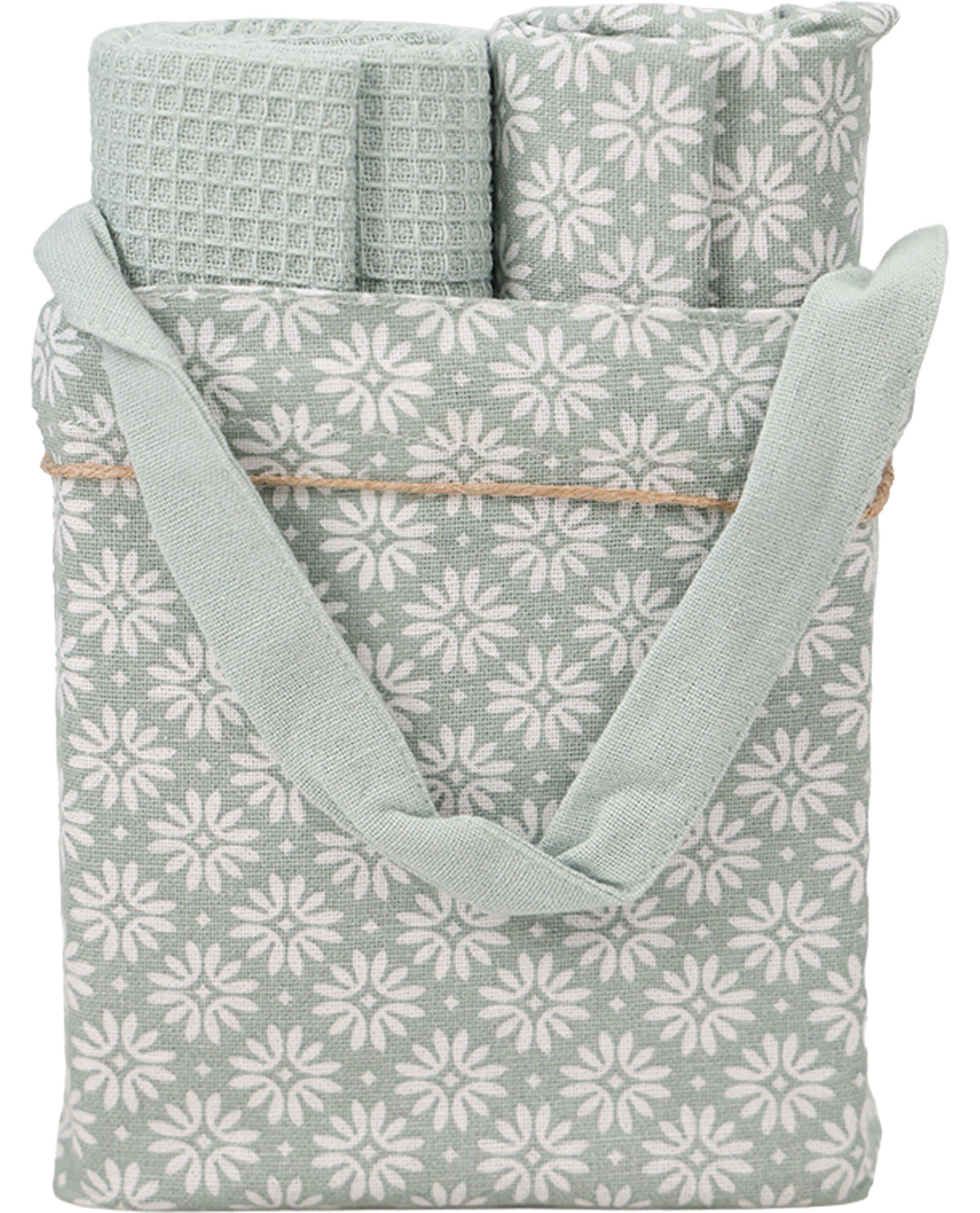 A sage green and white patterned fabric tote bag with two rolled towels or washcloths inside, shown on a plain white background.
