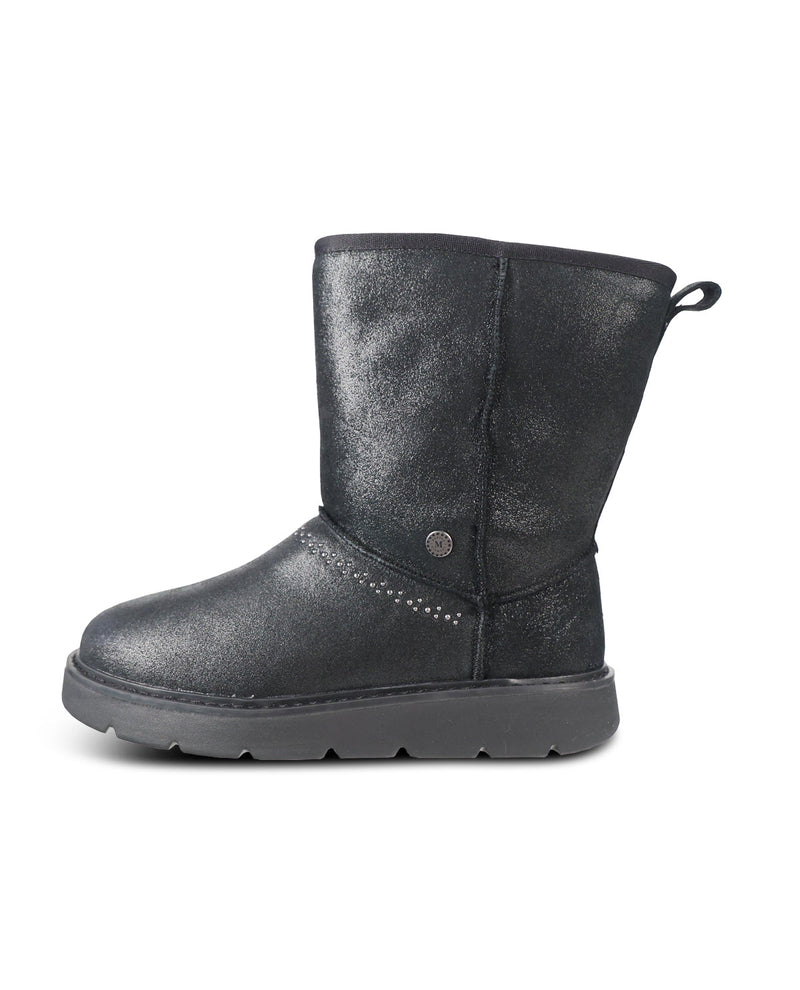 A single black mid-calf boot with a textured, slightly metallic finish, featuring a pull tab at the heel and decorative stitching on the side, shown against a plain white background.