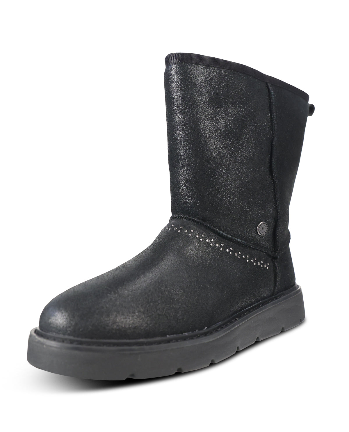 A single black mid-calf boot with a textured finish, decorative stud detailing near the collar, and a thick black sole, shown on a plain white background.