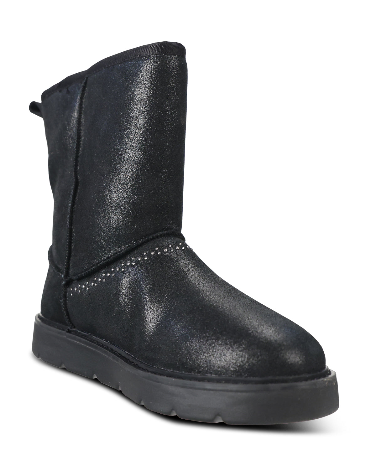 A single black mid-calf boot with a textured, slightly metallic finish, featuring decorative stud detailing around the collar and a thick black sole, shown against a plain white background.