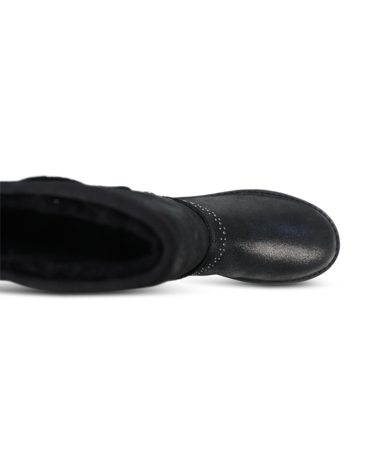 A close-up side view of a black leather boot on a plain white background.