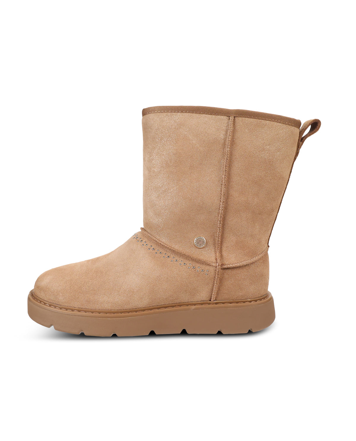 A light tan suede ankle boot with a pull tab and a small metal snap detail, shown in a side profile on a white background.