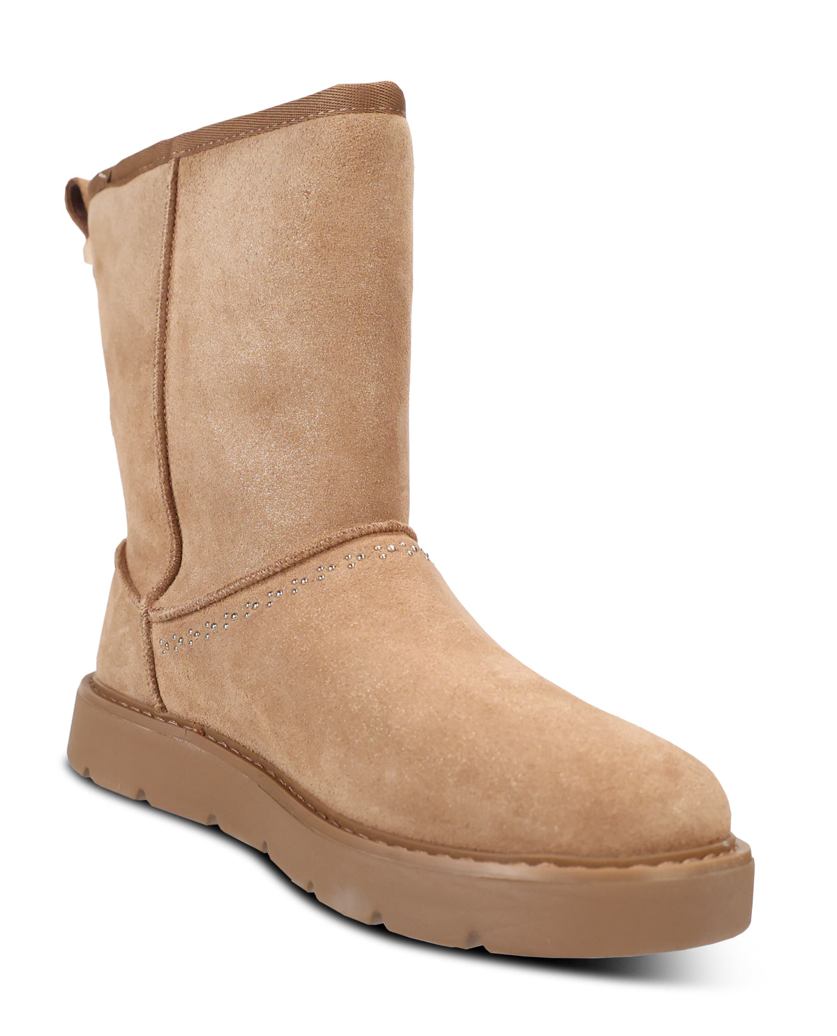 A mid-calf suede boot in a light tan/beige color, featuring a thick lug sole and contrast stitching, shown from a three-quarters angle on a white background.