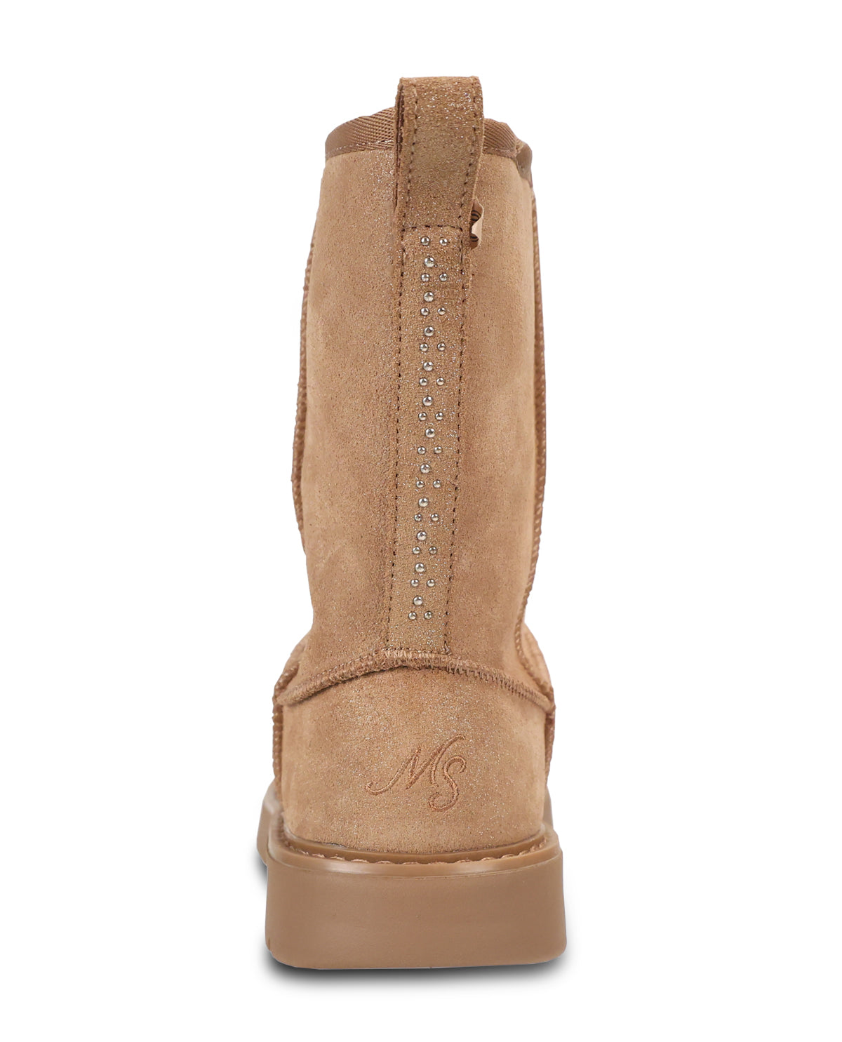 A tan suede ankle boot shown from the back, featuring a pull tab, decorative stitching, a monogram embossed on the heel, and a thick tan sole, set against a plain white background.