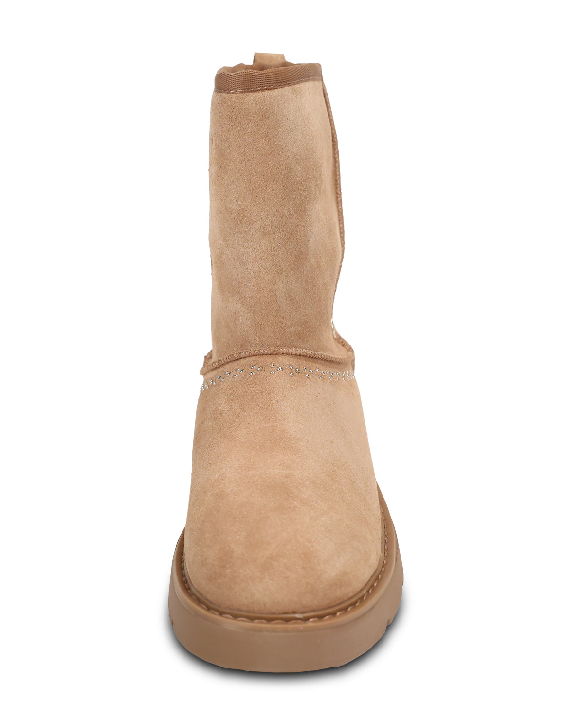 A single mid-calf suede boot in a light tan or camel color, shown from a front-facing perspective against a plain white background.