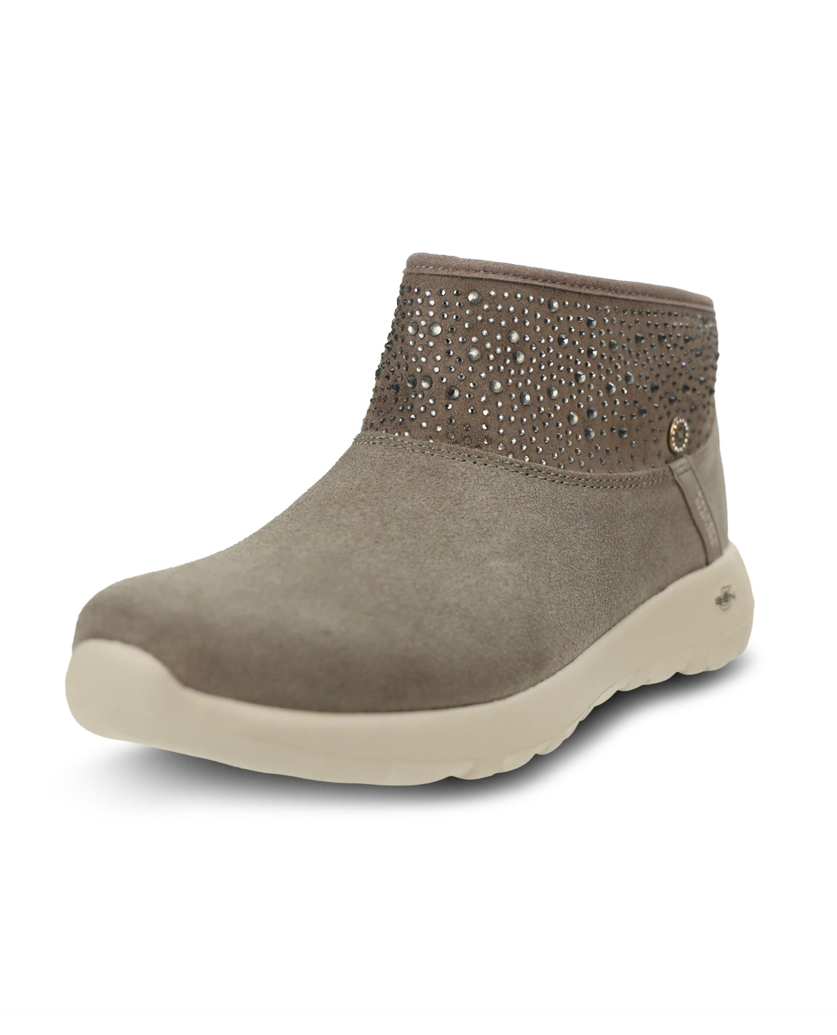 A olive suede ankle boot with a decorative studded strap around the collar and a thick cream-colored sole, shown from a three-quarters angle on a white background.