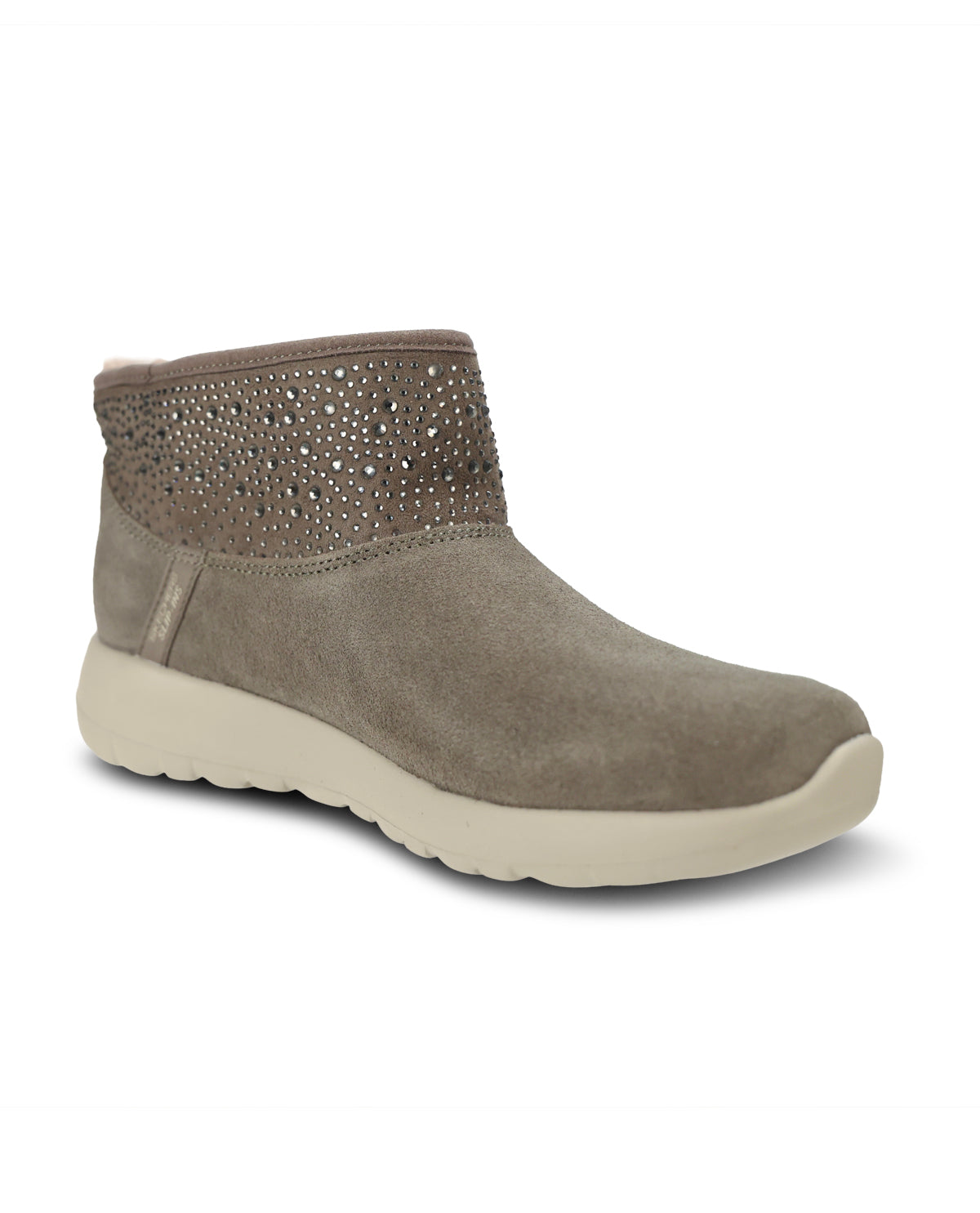 A olive suede ankle boot with a decorative studded strap around the collar and a thick cream-colored sole, shown from a three-quarters angle on a white background.