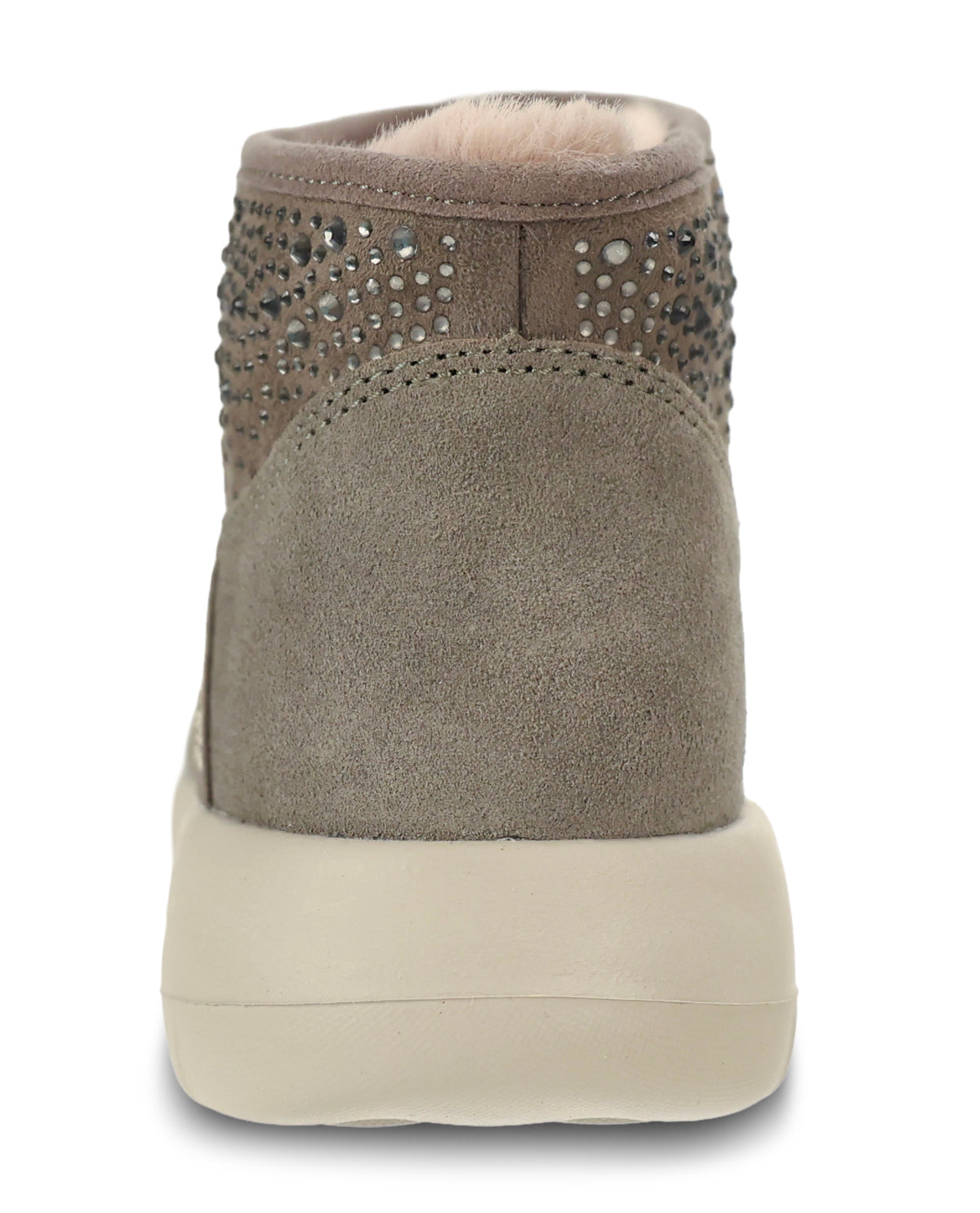 A single olive suede ankle boot with rhinestone embellishments on the side and a thick cream-colored sole, shown from a rear three-quarter view against a white background.