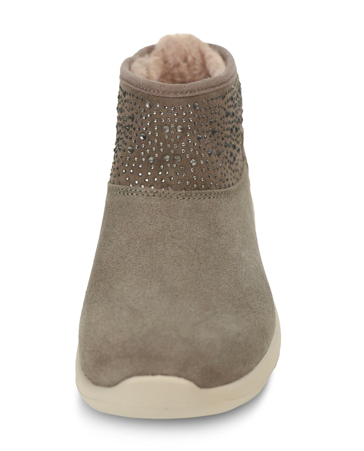 A single olive suede ankle boot with a beige shearling lining and silver rhinestone embellishments around the collar, shown from a front-facing perspective on a white background.
