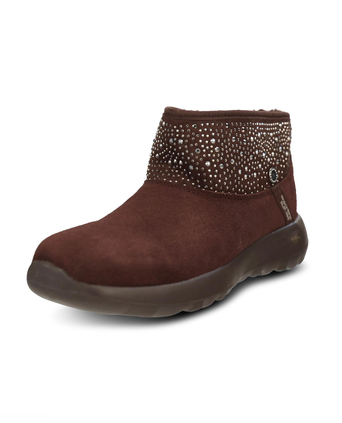 A dark brown suede ankle boot with a studded rhinestone collar and a thick dark brown sole, shown from a three-quarters angle on a white background.