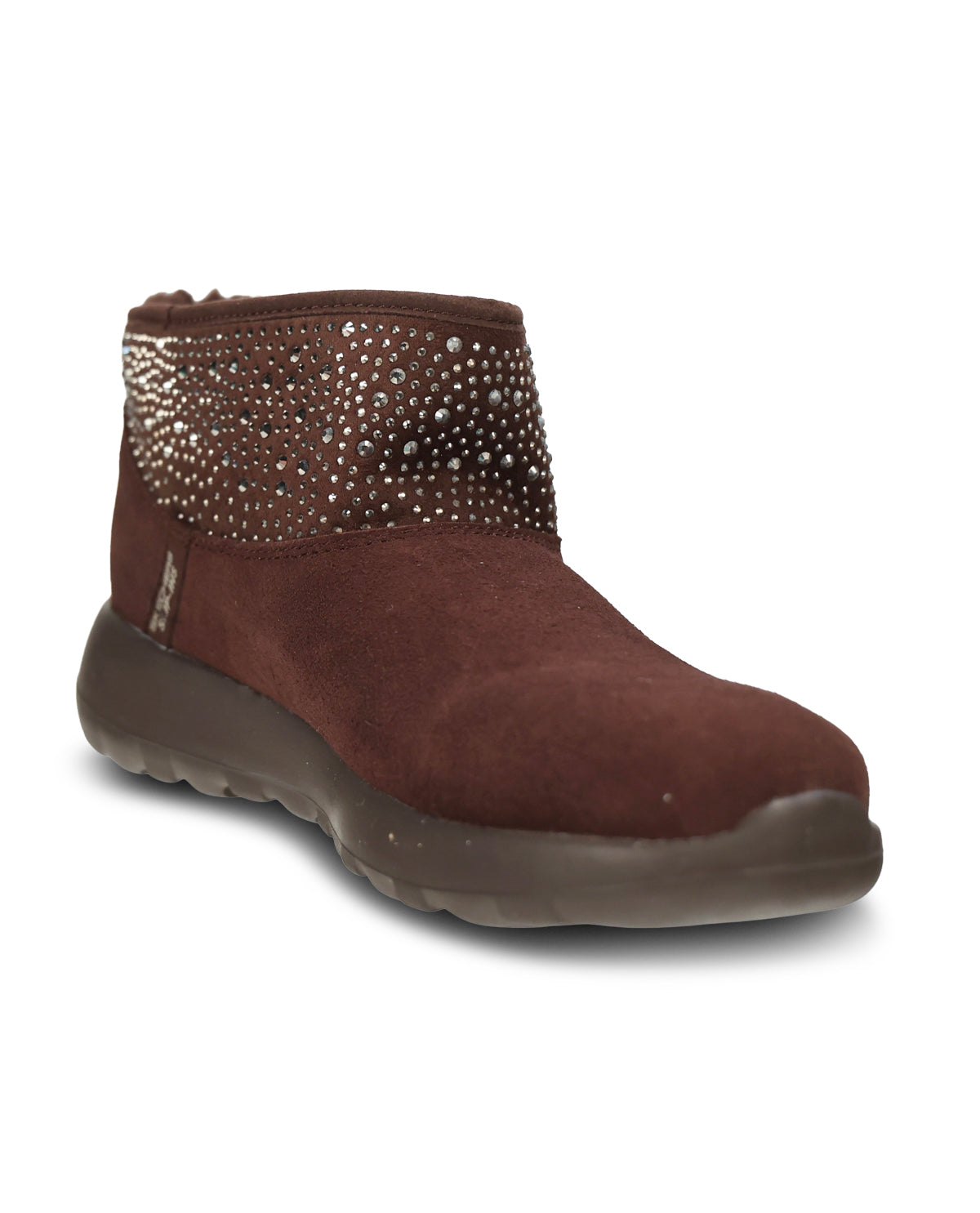 A dark brown suede ankle boot with a studded metallic band around the collar and a thick dark sole, shown on a white background.