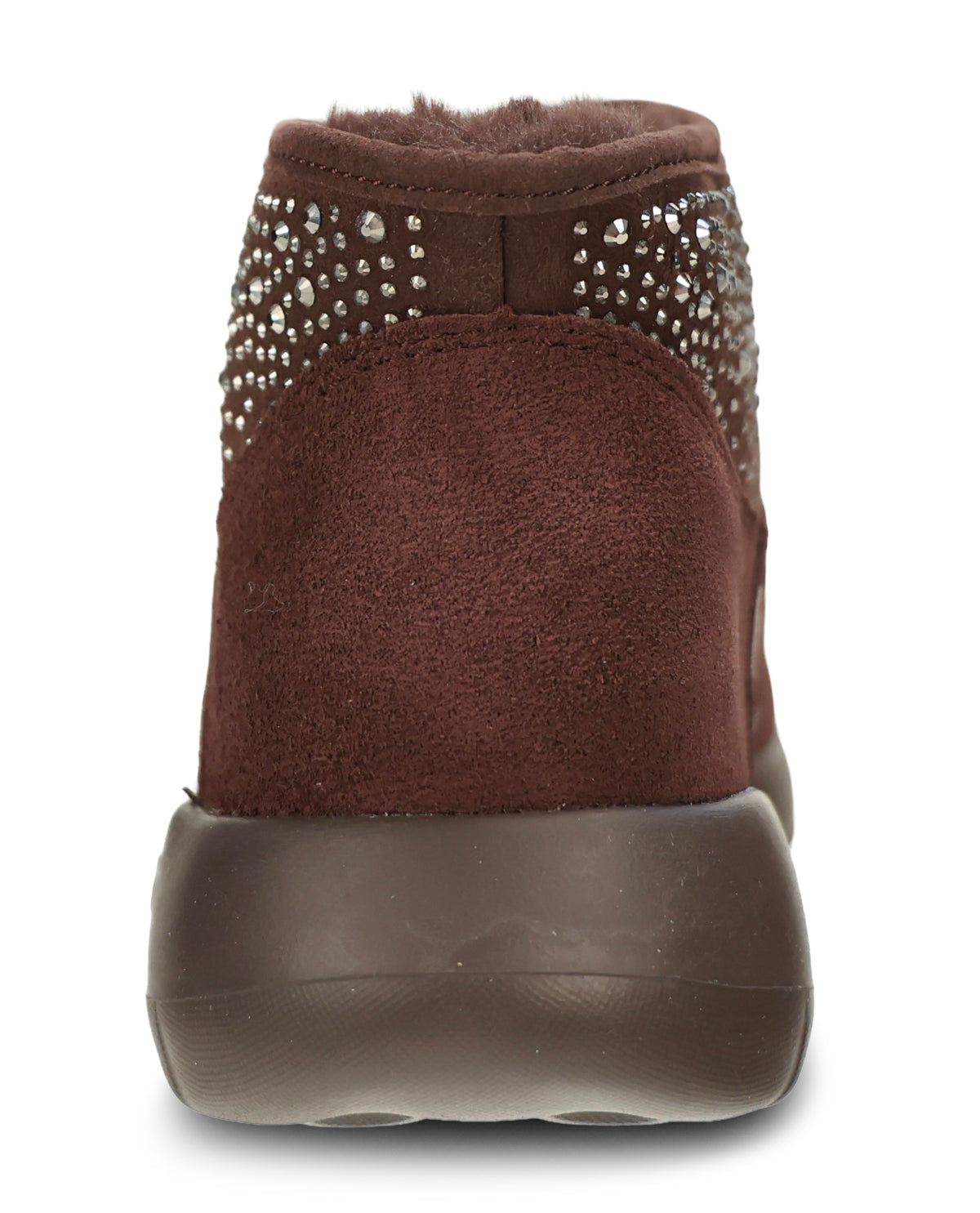 A brown suede ankle boot with a thick dark brown sole and silver rhinestone embellishments around the collar, shown from a rear three-quarter view on a white background.