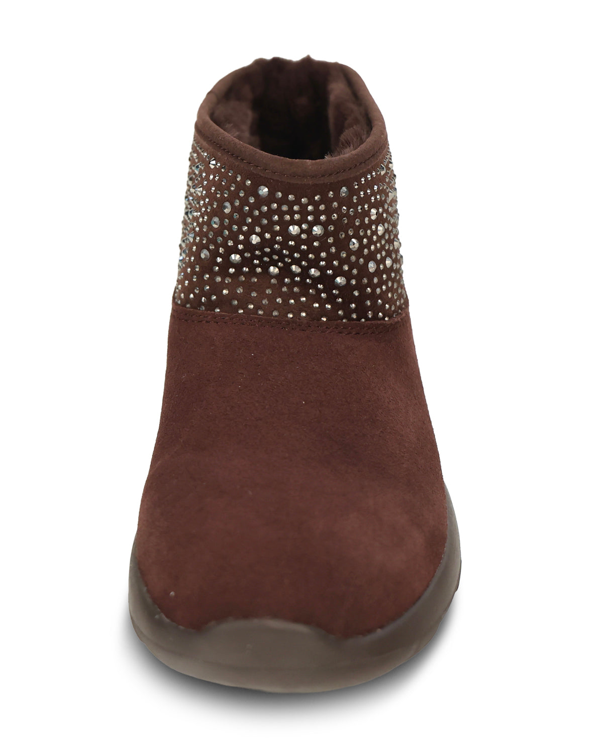 A brown suede ankle boot with a decorative band of silver rhinestones around the collar, shown from a front-facing perspective on a white background.