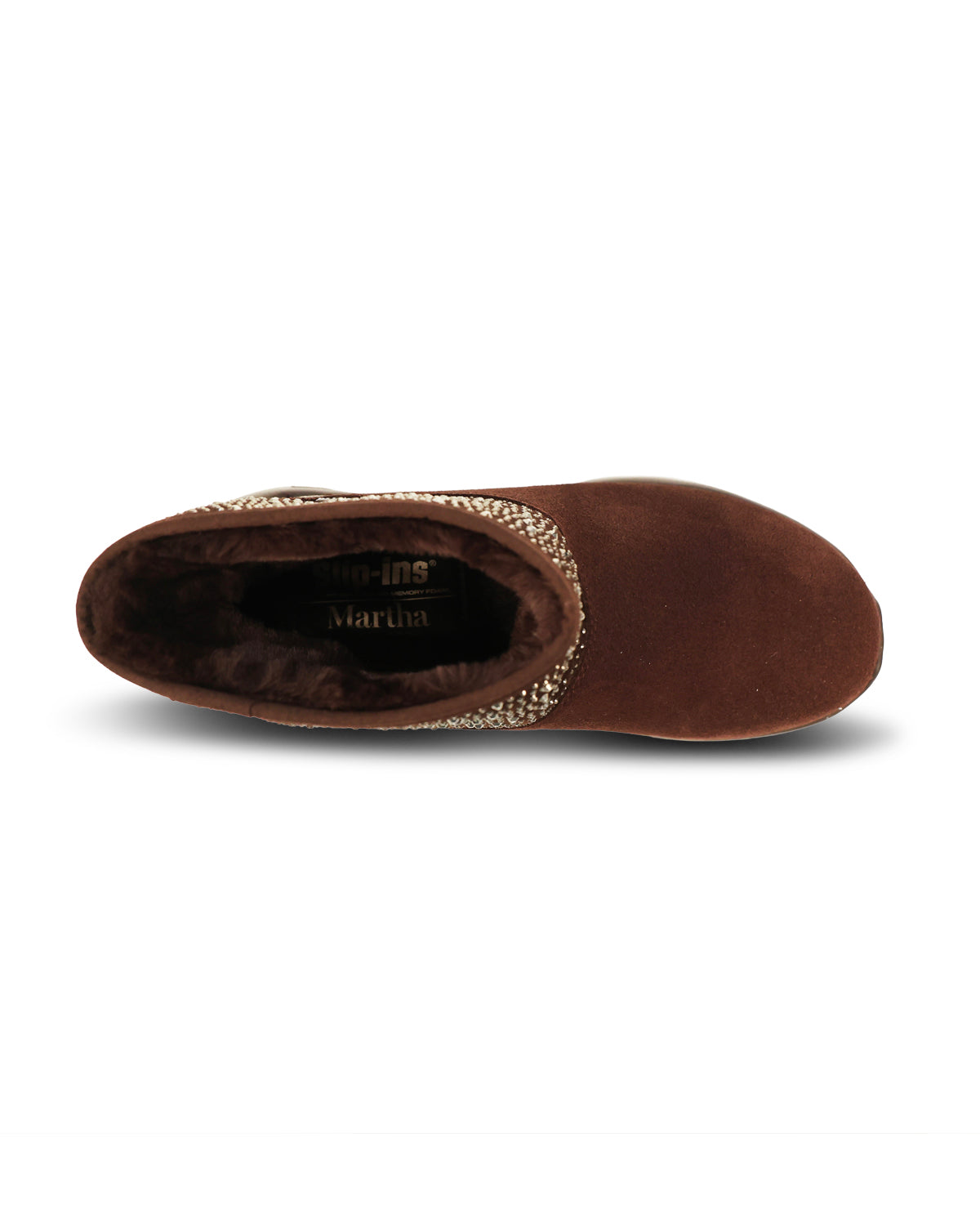 A single brown suede slipper boot shown from a top-down view on a white background, featuring a textured gold trim around the collar and a dark brown plush interior.