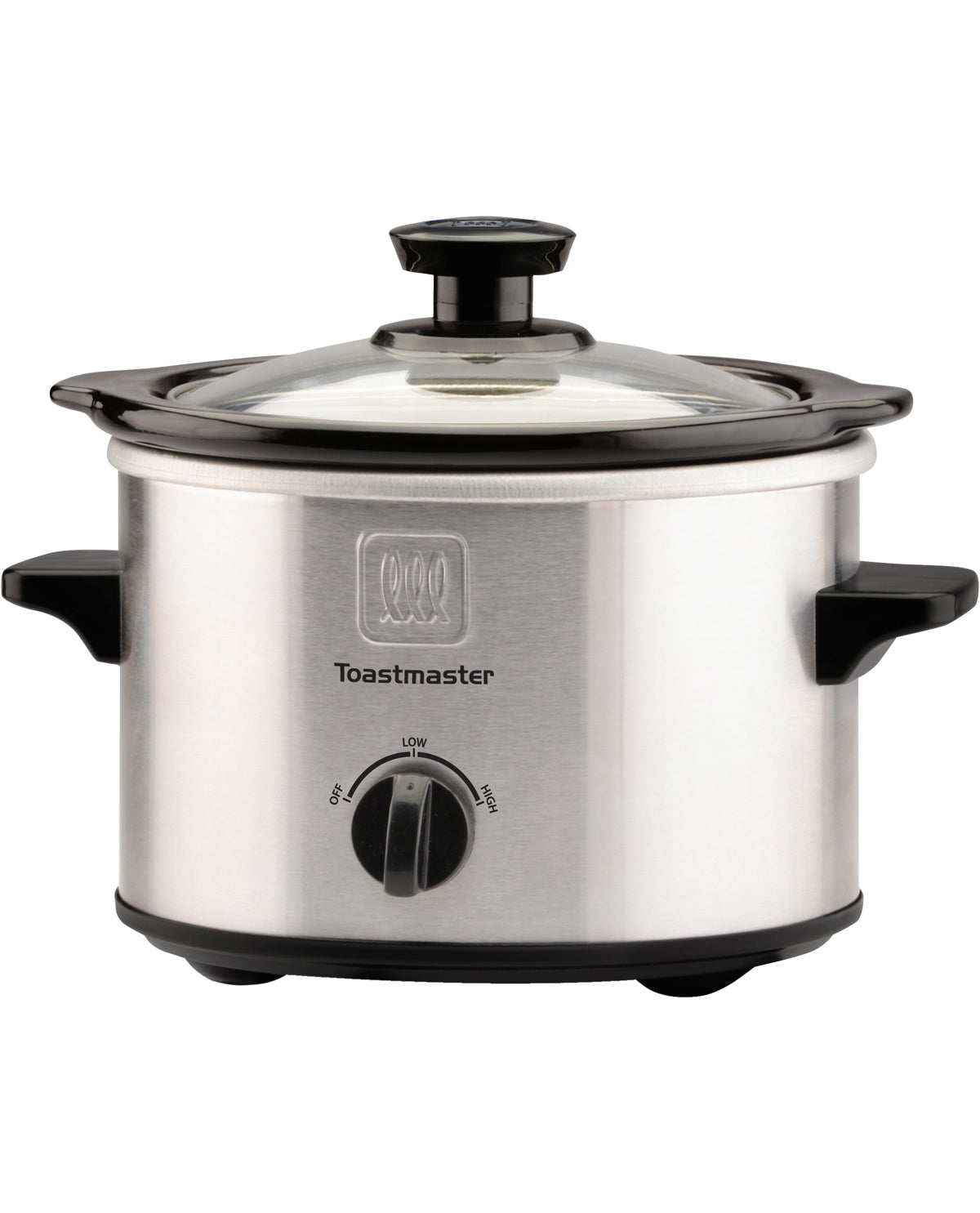 Stainless steel slow cooker with black handle and knob on a white background, featuring the Toastmaster brand.