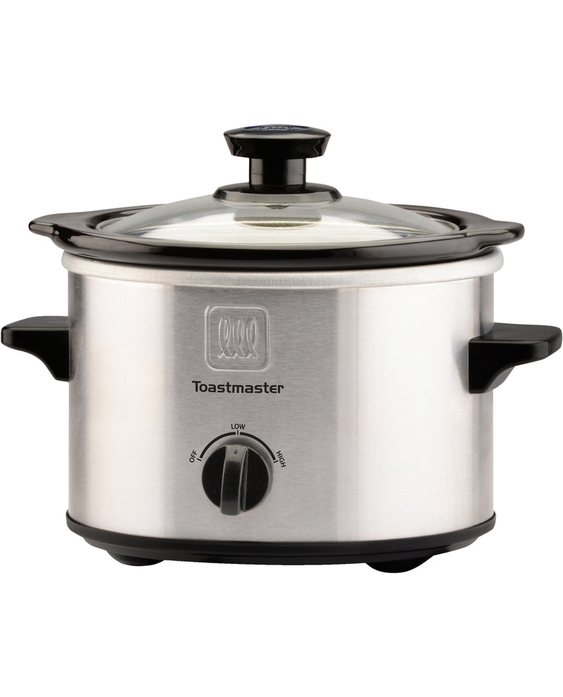 Stainless steel slow cooker with black handle and knob on a white background, featuring the Toastmaster brand.