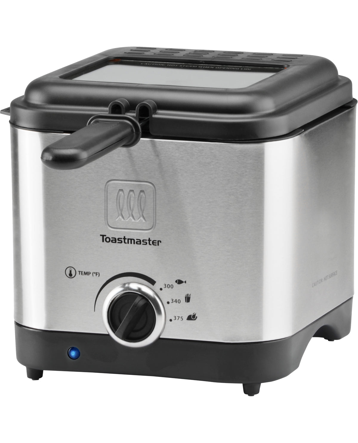 Stainless steel deep fryer with black lid on a white background, featuring the Toastmaster brand.