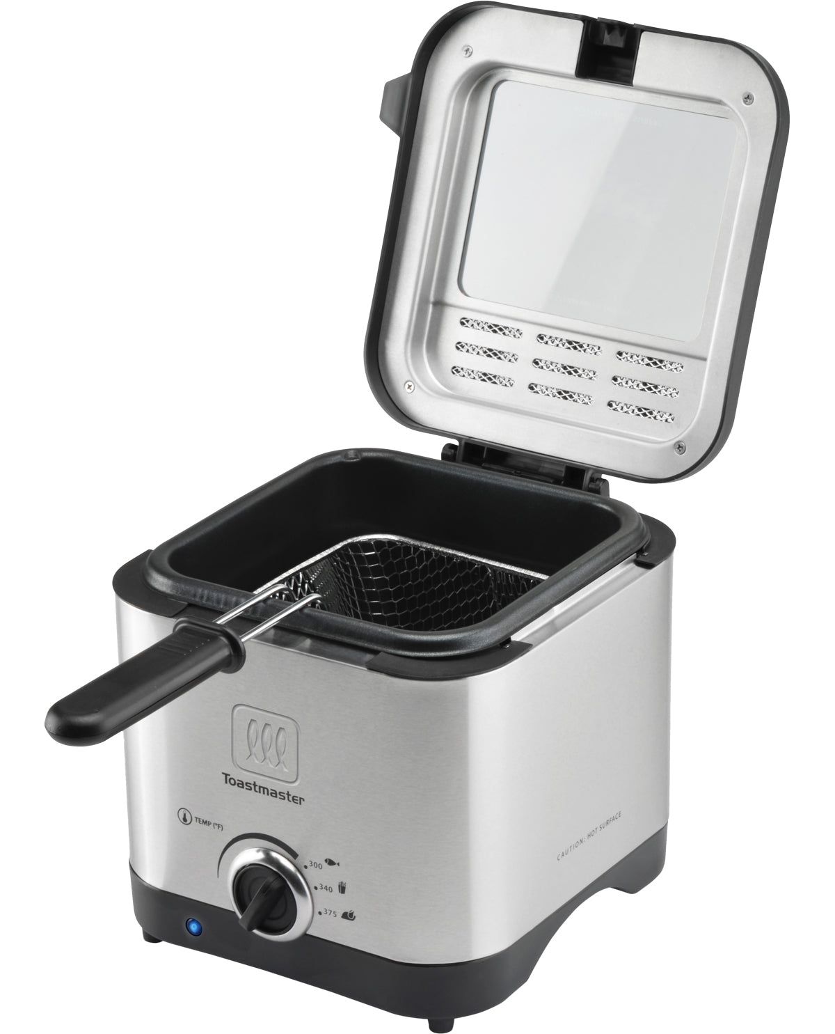 Stainless steel deep fryer with open lid on a white background
