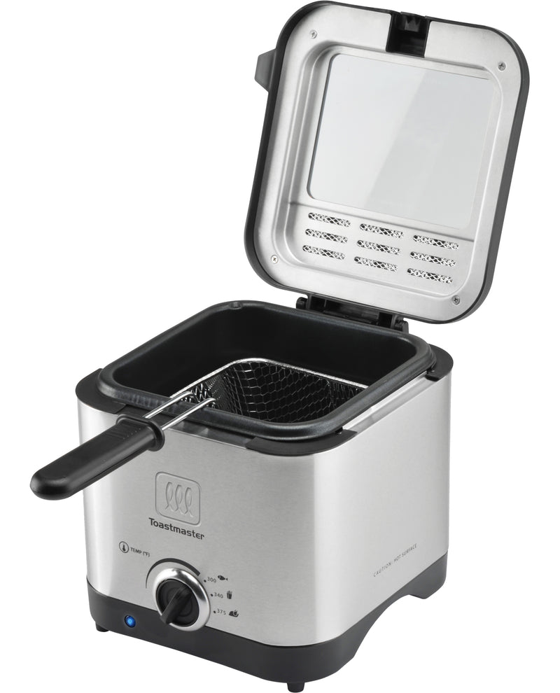 Stainless steel deep fryer with open lid on a white background
