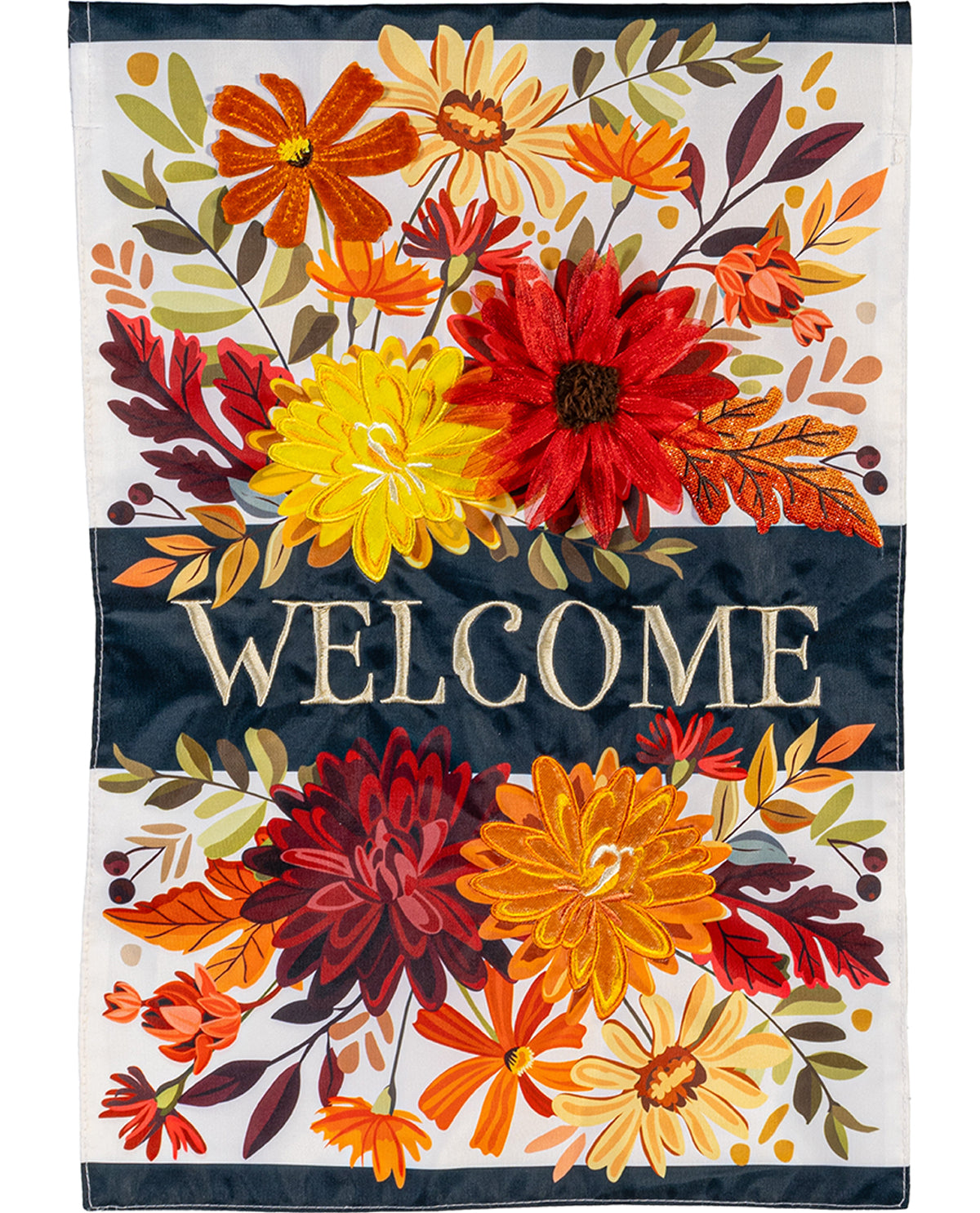 Decorative flag with autumn flowers and 'Welcome' text on a white background