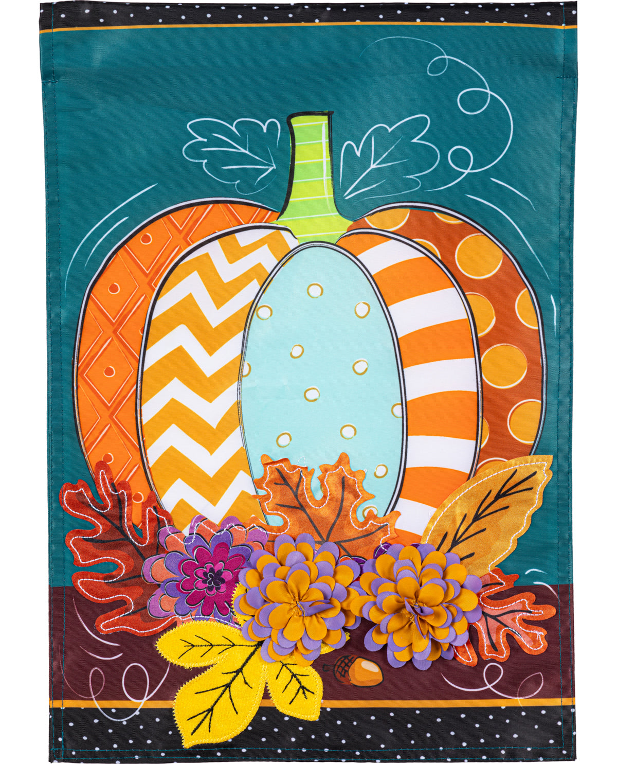 Decorative garden flag with a colorful pumpkin design on a teal background