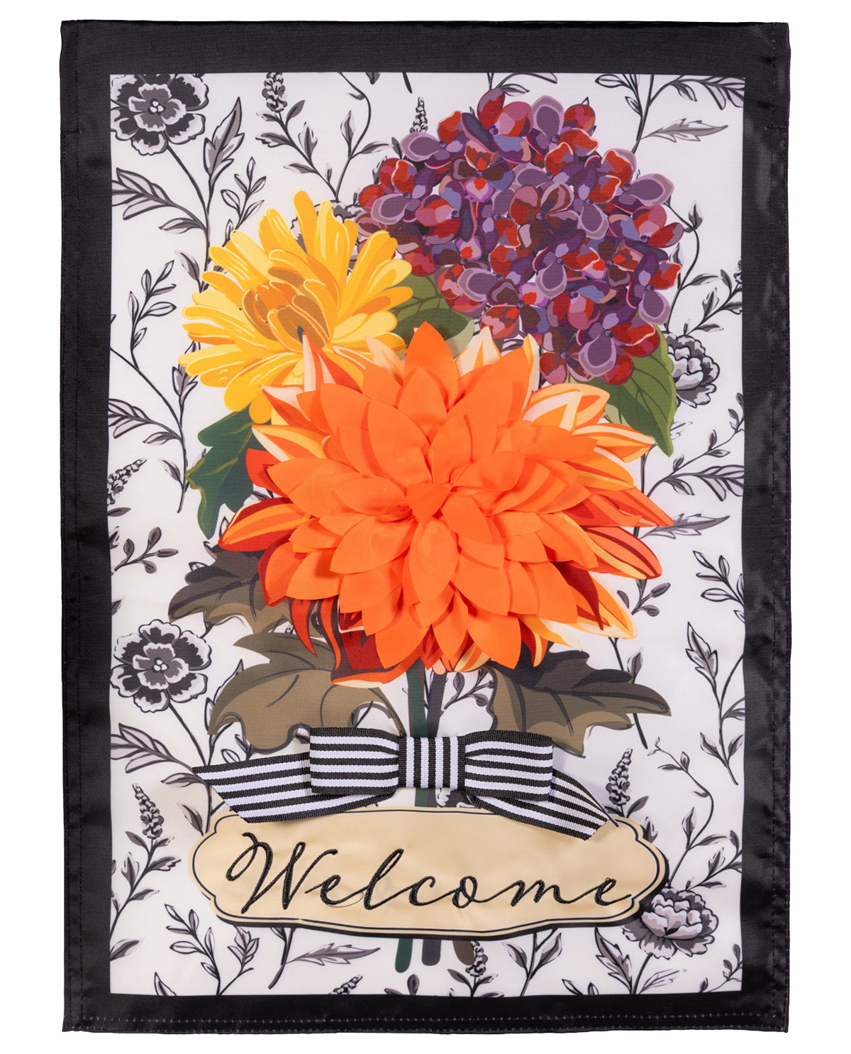 Evergreen Fall Floral Toile Applique Garden Flag
