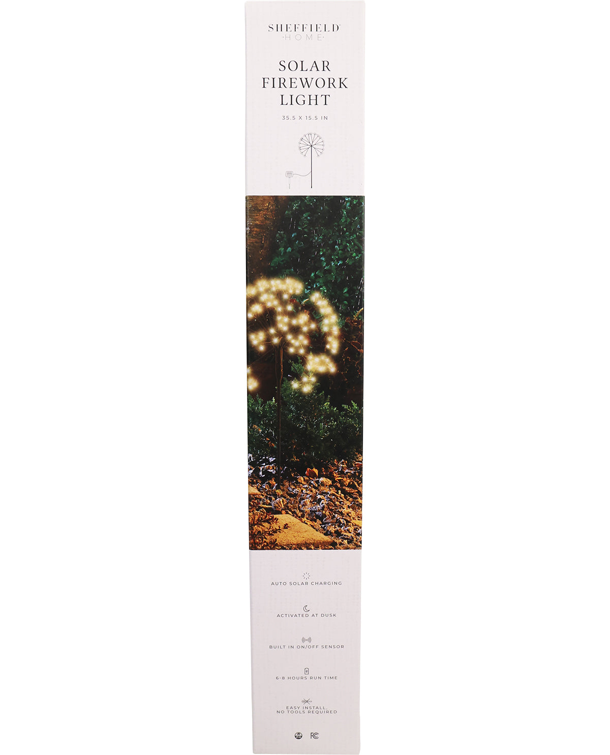 Sheffield Solar Firework Light packaging with a photo of lights in a garden.