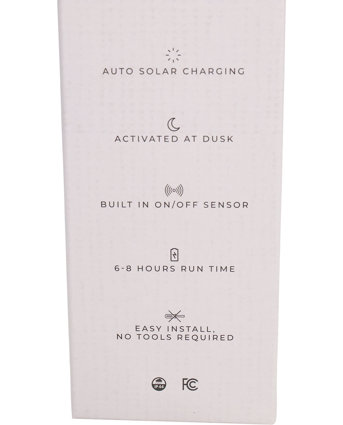 Product packaging with text about auto solar charging features on a white background