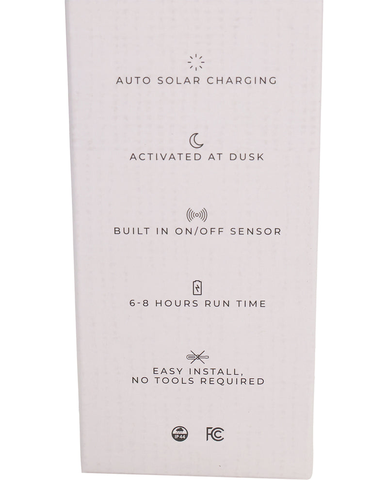 Product packaging with text about auto solar charging features on a white background