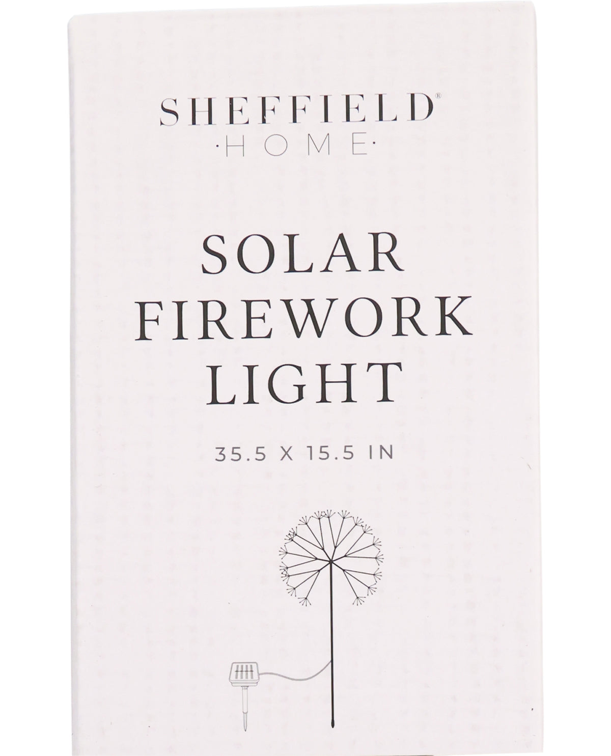 Sheffield Home solar firework light packaging with product dimensions on a white background
