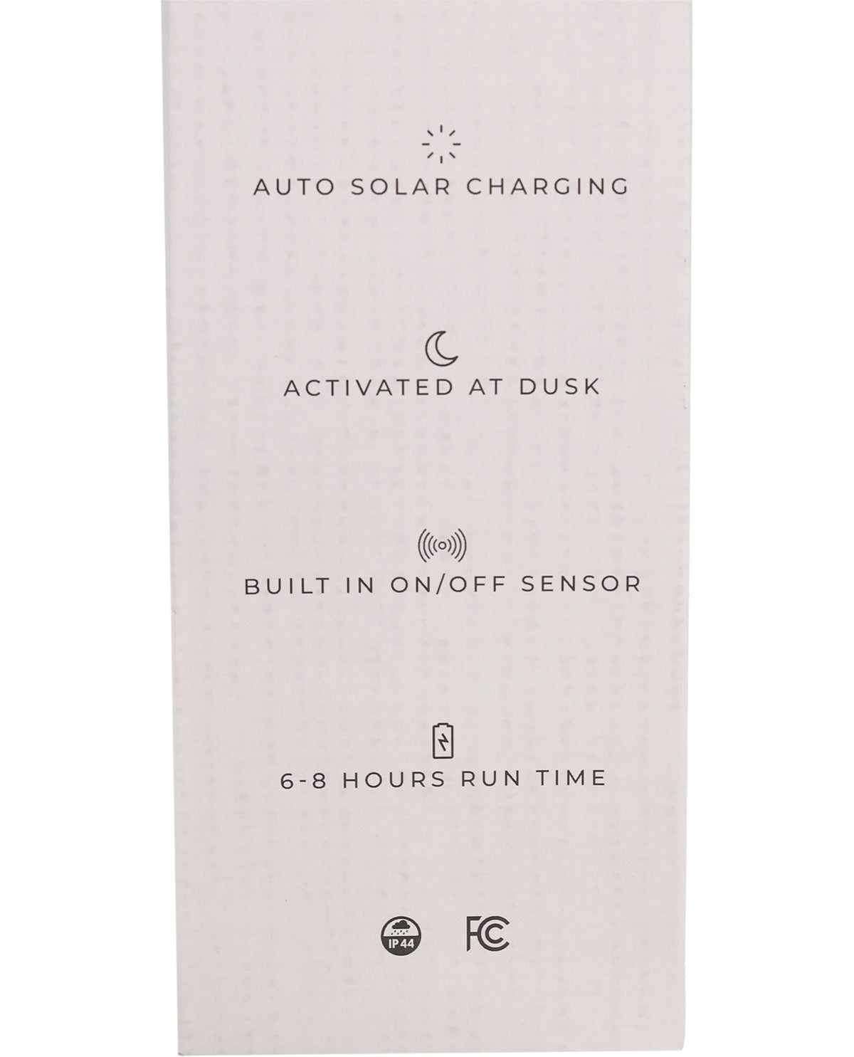 Product packaging with text about auto solar charging, dusk activation, on/off sensor, run time, and FCC certification.