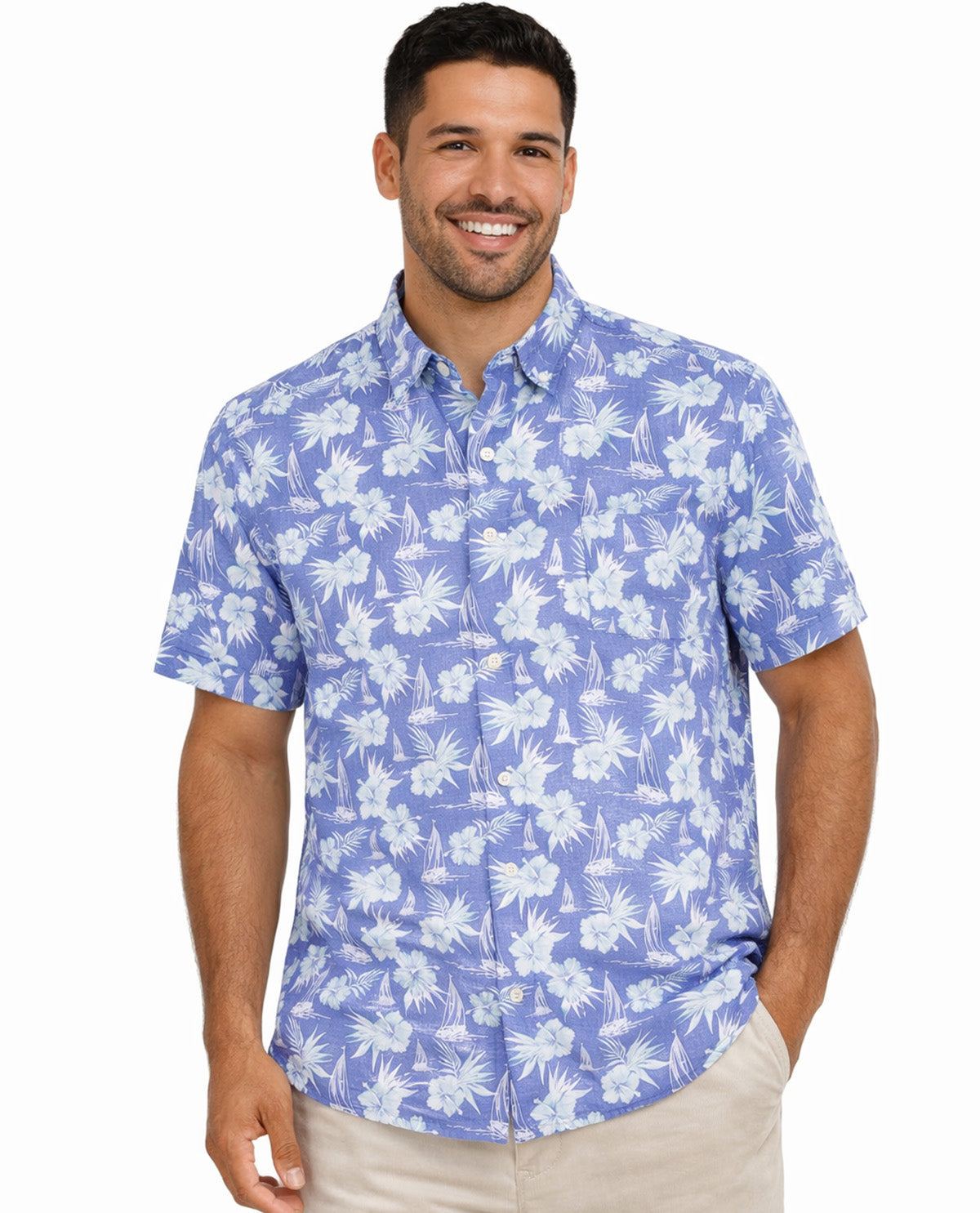 Izod Short Sleeve Dockside Chambray Sail Boat Print Blue