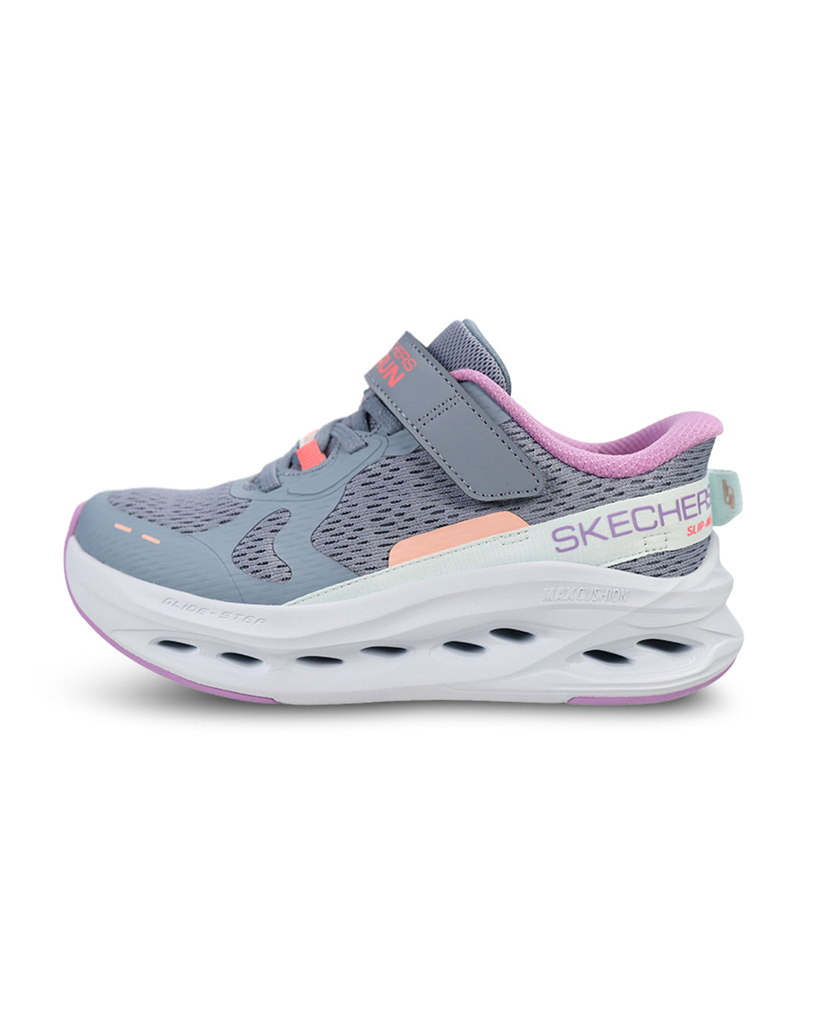 A Skechers kids sneaker in gray mesh with pink and peach accents, featuring a hook-and-loop strap and a thick white cushioned sole.