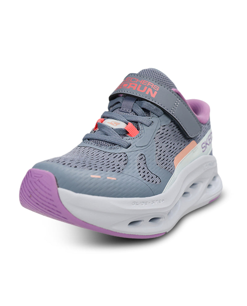 A Skechers kids' running shoe in gray mesh with a white sole, purple toe and heel accents, and orange branding details, shown on a white background.