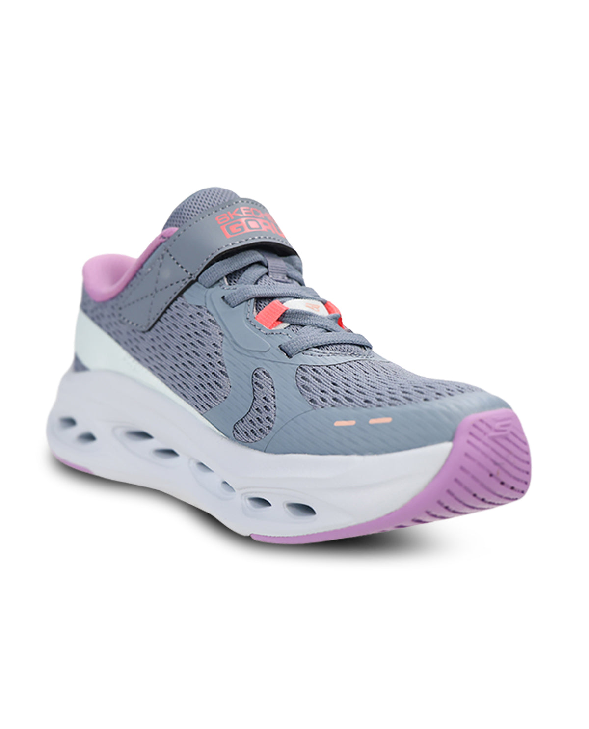 A kids' athletic sneaker in gray mesh with a white midsole and pink and purple accents, shown from a three-quarters angle on a white background.