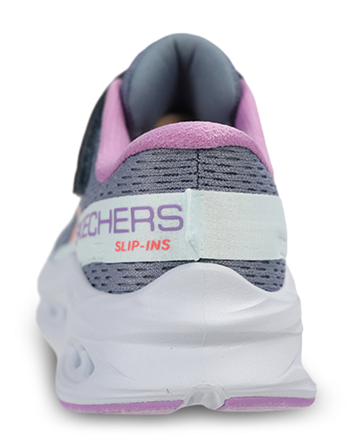 A Skechers Slip-Ins sneaker shown from the rear, featuring a gray knit upper, pink lining, and a white heel strap with the Skechers brand name.